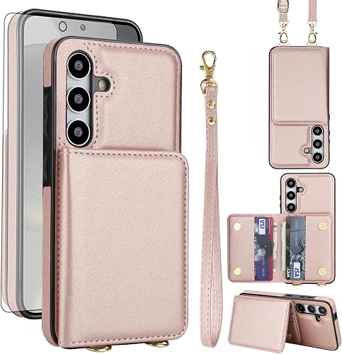 Asuwish Phone Case for Samsung Galaxy S24 FE 5G Wallet Cell Cover with Tempered Glass Screen Protector Wrist Crossbody Strap RFID Blocking Stand Credit Card Holder S 24 EF AI S24FE 24S Women Rose Gold