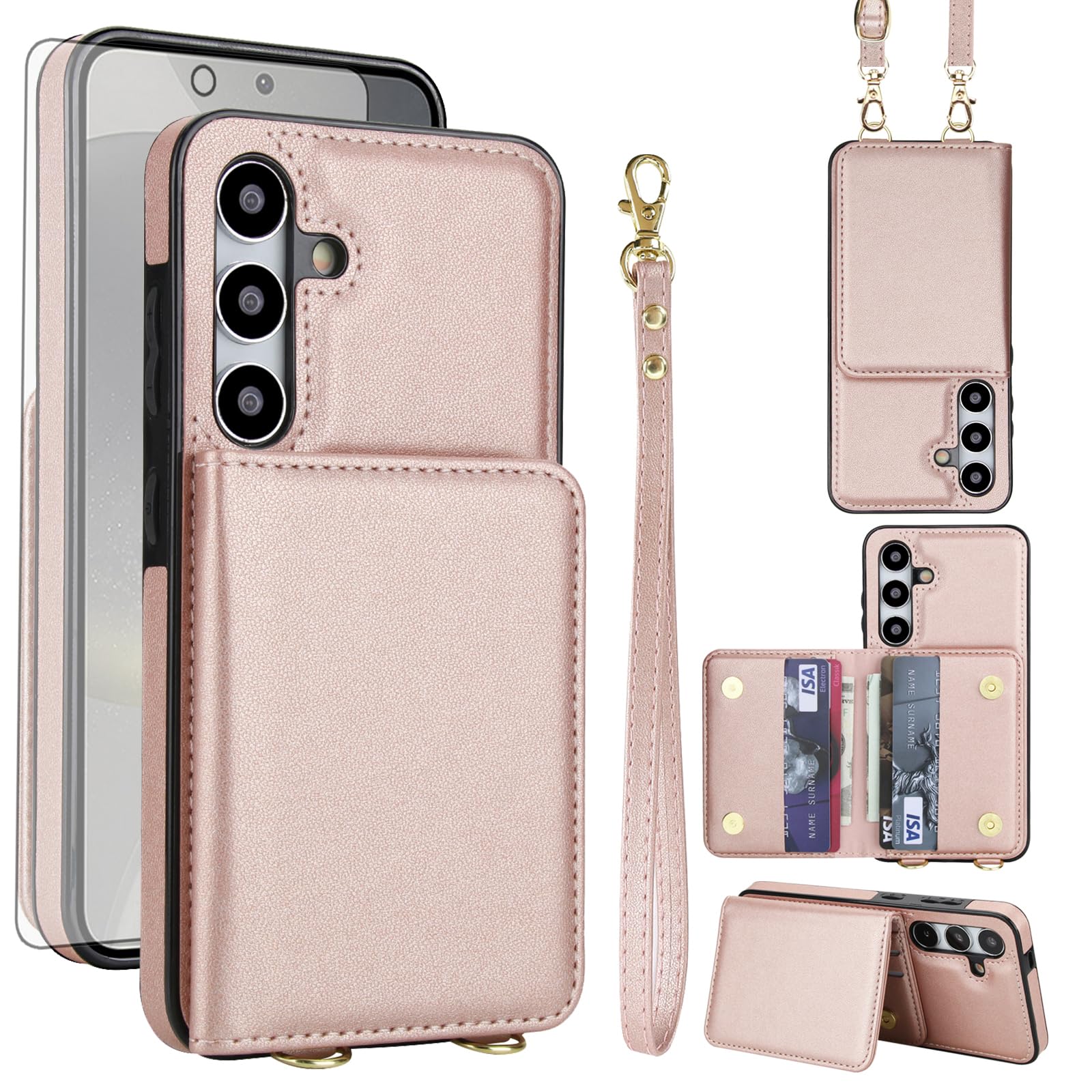 Phone Case for Samsung Galaxy S24 Plus S24+ 5G Wallet Cell Cover with Tempered Glass Screen Protector Wrist Strap RFID Blocking Credit Card Holder