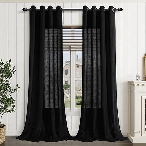 Miniatura 8 de Cortinas de lino negro para dormitorio, sala de estar, juego de 2 paneles de 84 pulgadas de largo, juego de 2 paneles de cortinas de lino de algodón