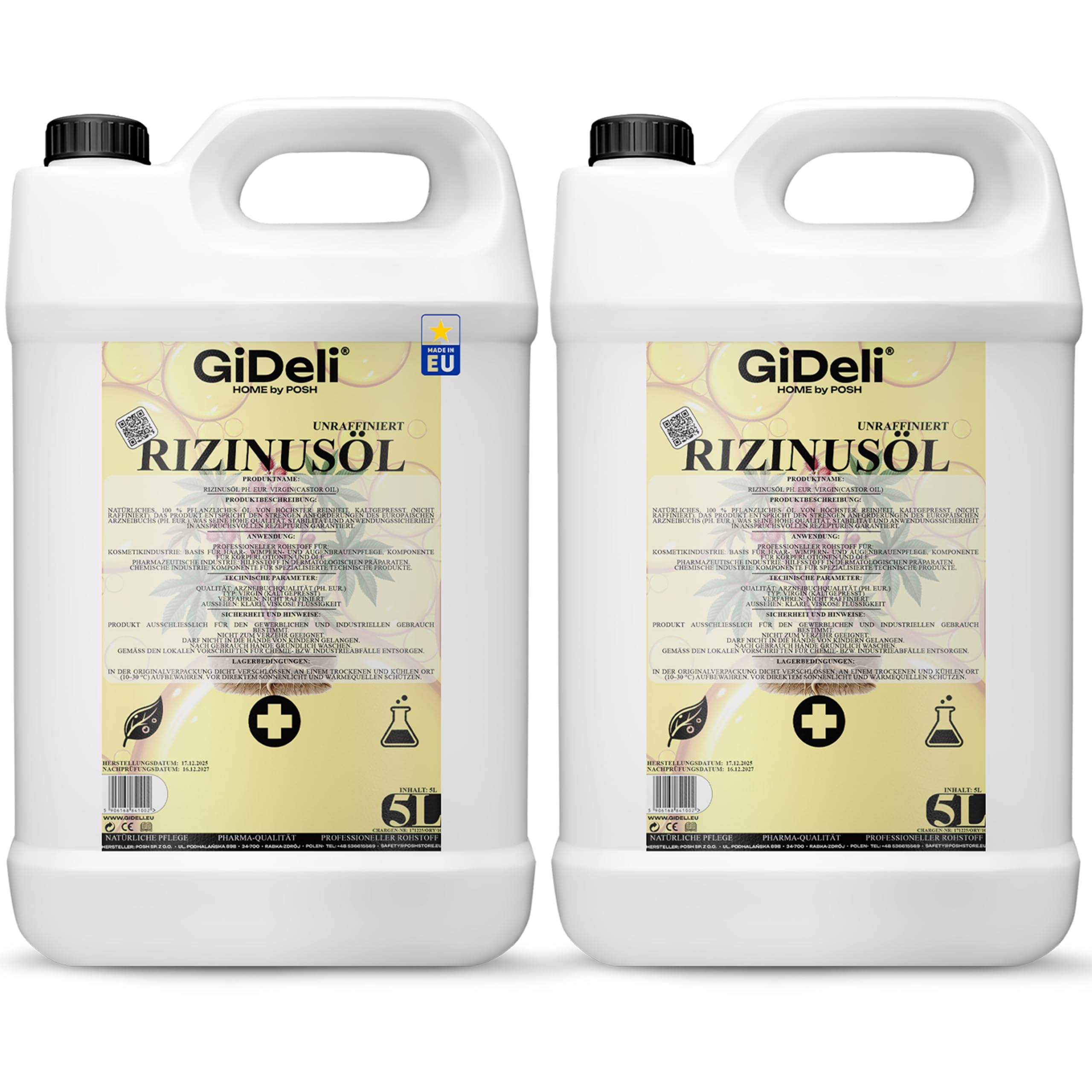 GiDeli Aceite de ricino prensado en frío, 2 x 5 l, puro aceite de ricino en Ph. Eur. Calidad para cabello, pestañas y piel – Aceite de cuidado sin refinar como base para cosméticos naturales DIY – Sin
