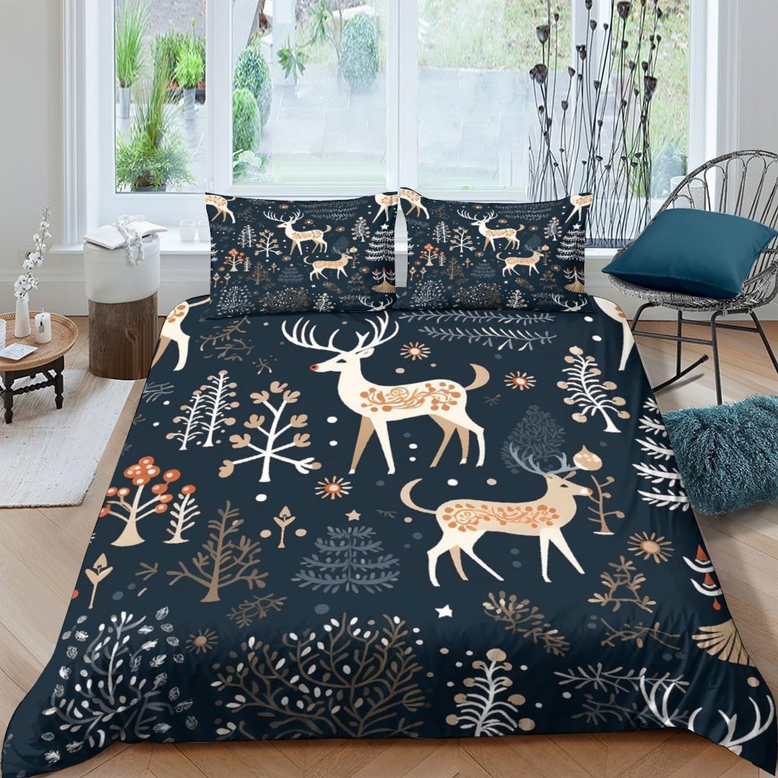 Unrxjzlvm Style-10 Reindeer Forest Duvet Set Microfiber Teen Room Gift