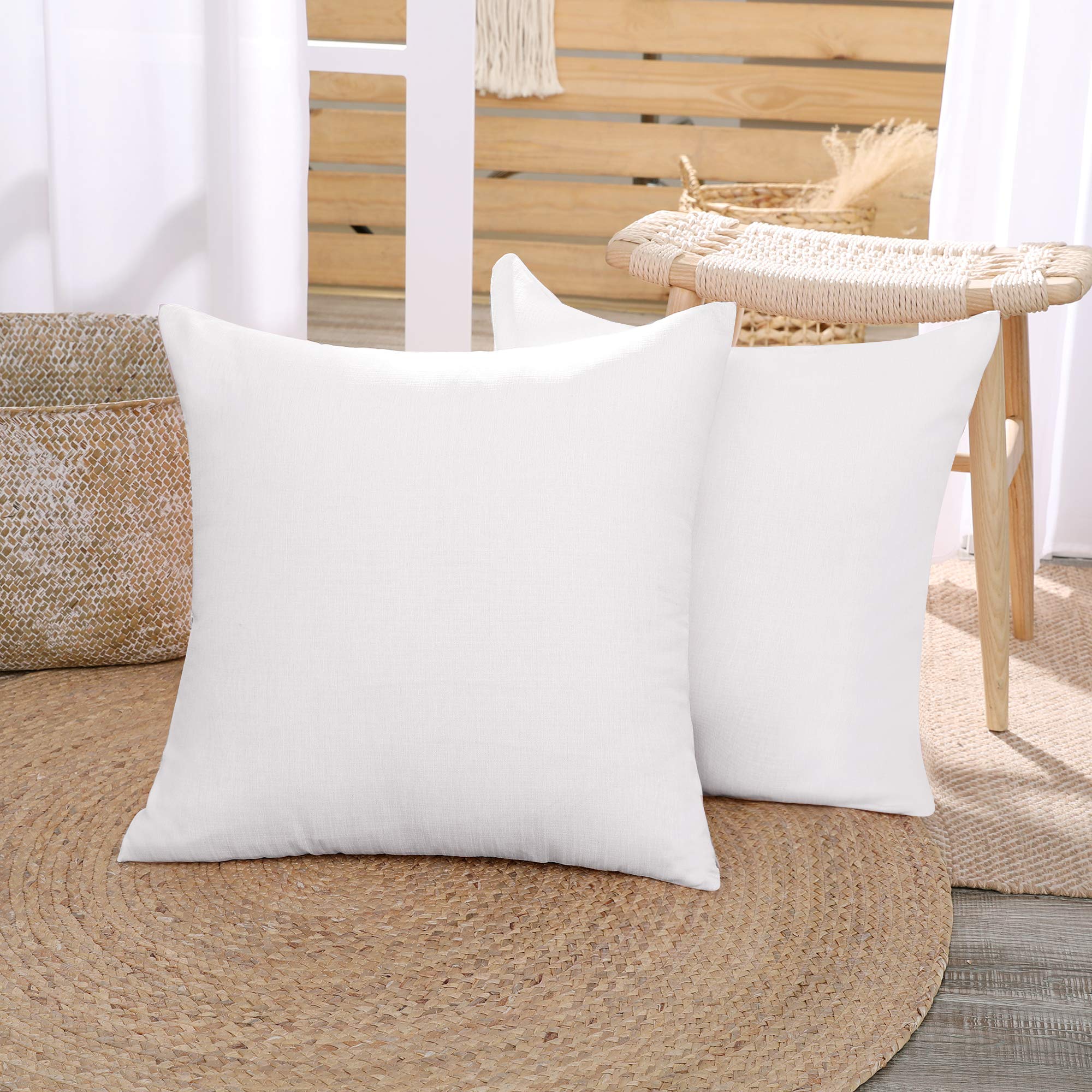Deconovo Set of 2 Super Soft Faux Linen Square Outdoor Cushion Covers Throw Pillow Covers Plain Cushion Protectors for Bedroom White 16"x16"(40cmx40cm)
