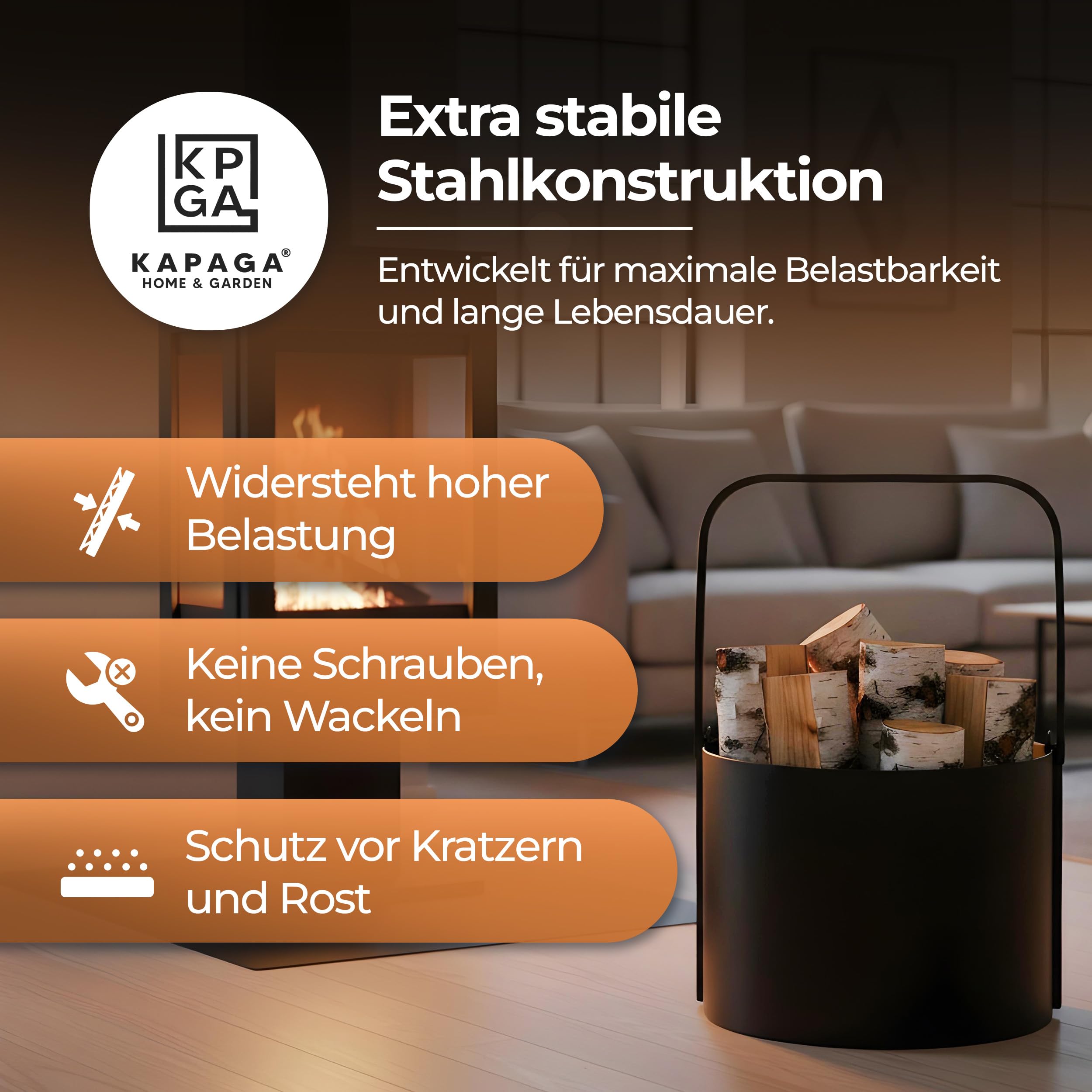 Kapaga - Holzkörbe, Kaminholzkorb aus Metall ⌀ 40 cm, Holzlager innen, Geschweißt - Sofort einsatzbereit, Pulverbeschichtet, Stabiler Holzständer, Feuerholzkorb, Faltbarer Korb mit Griff