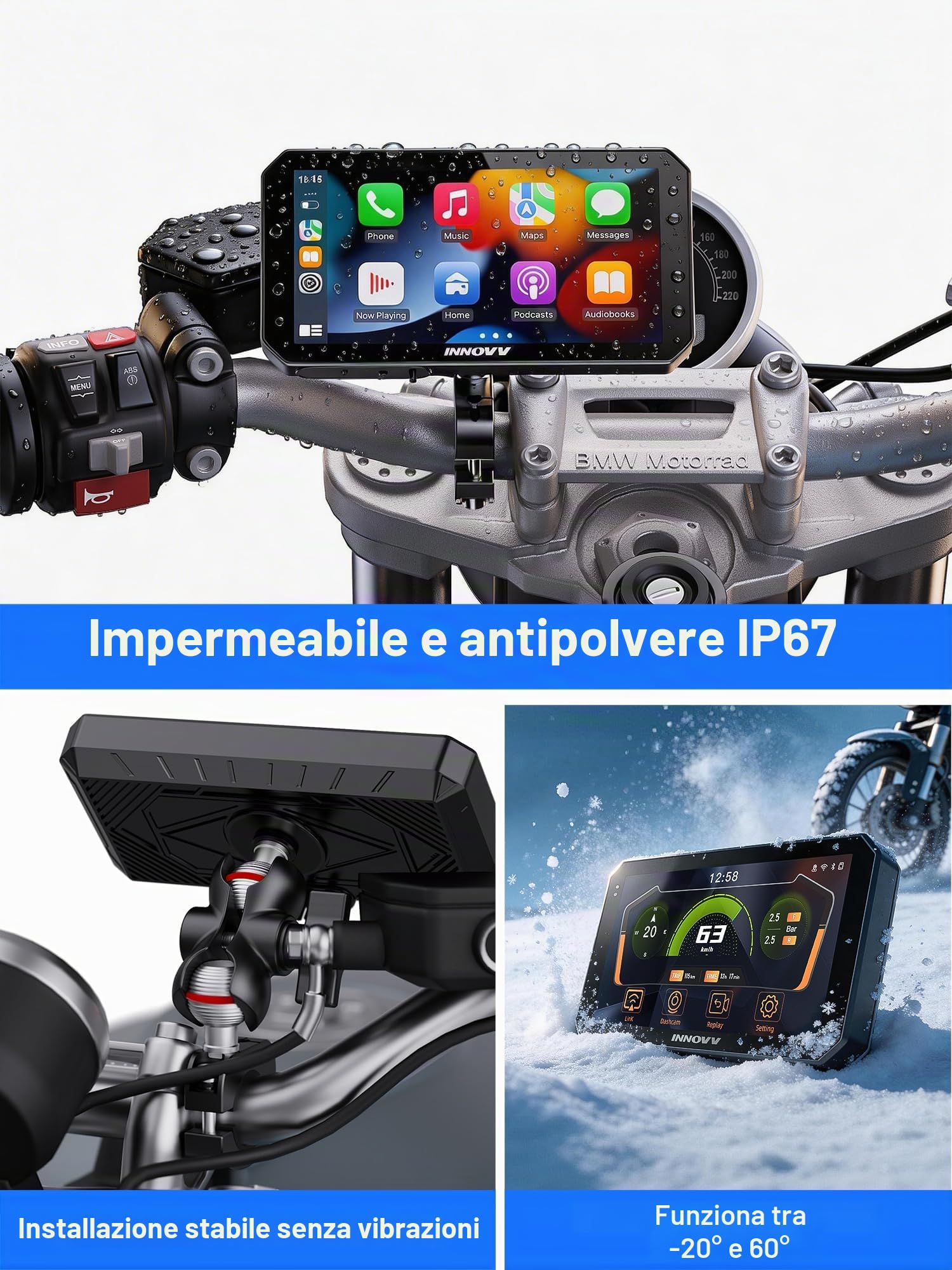 INNOVV N2 6 pollici Apple Carplay Schermo per Moto, Touch Screen Wireless Apple CarPlay & Android Sistema di Navigazione GPS Auto, 5G Wi-Fi, IP67 Impermeabile, Bluetooth, Modalità Parcheggio, Siri