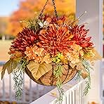 Artificial Fake Hanging Mums Flowers Plants Baskets for Outdoor Outside Decoration, Faux Silk Orange Flower Chrysanthemum UV Resistant Realistic for Porch Patio Balcony Yard Decor