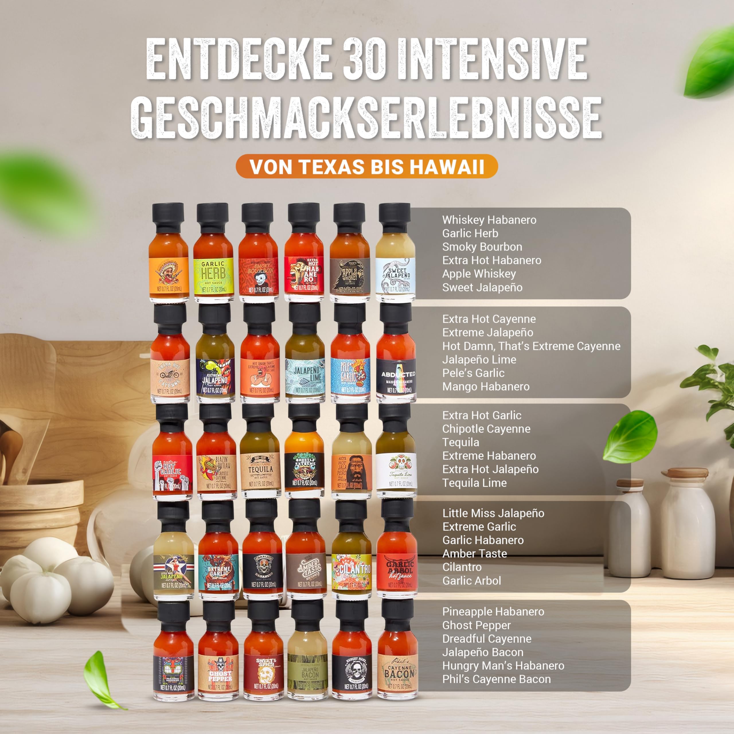 Geschenkset mit 30 scharfen Soßen – Chili Saucen Probierset 20 ml