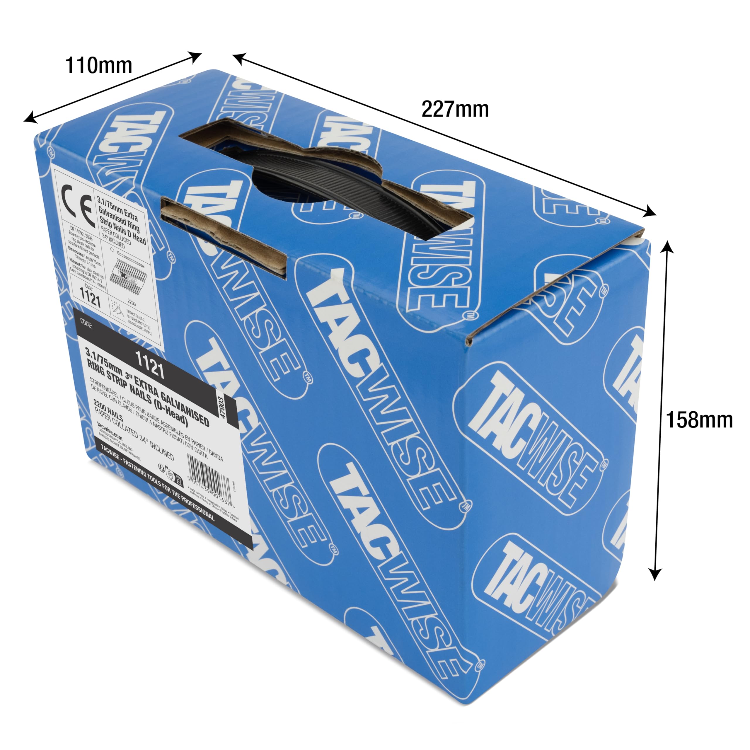 Tacwise 1121 Chiodi Inclinati a 34° 3,1 / 75 mm, Zincati Extra con Testa a ‘D’, Gambo Anellato, Fascicolati con Carta, Confezione da 2200