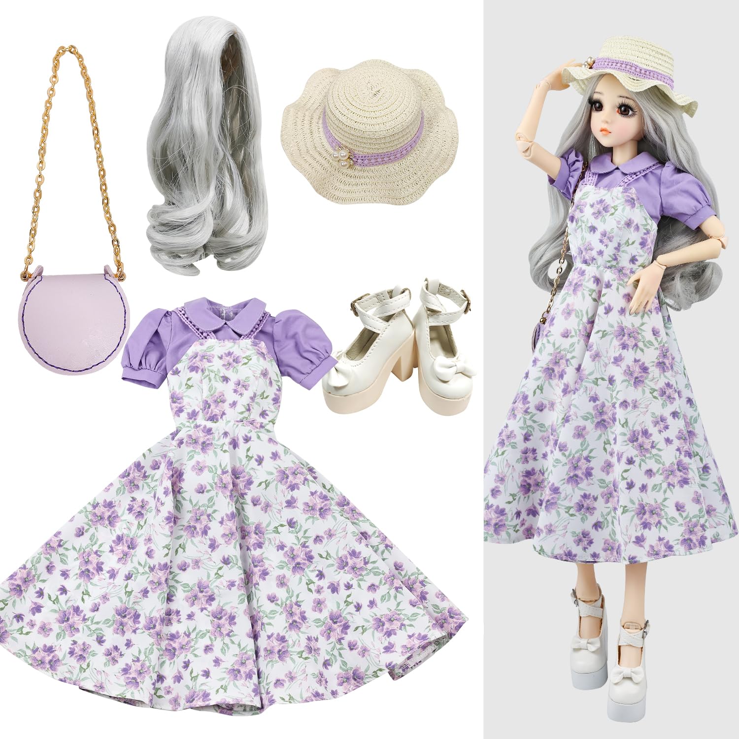 Proudoll 1/3 BJD Doll Clothes Outfit Set - Handcrafted Purple Floral Strap Dress and Blouse Set Compatible with 1/3 60cm 24in SD Dolls