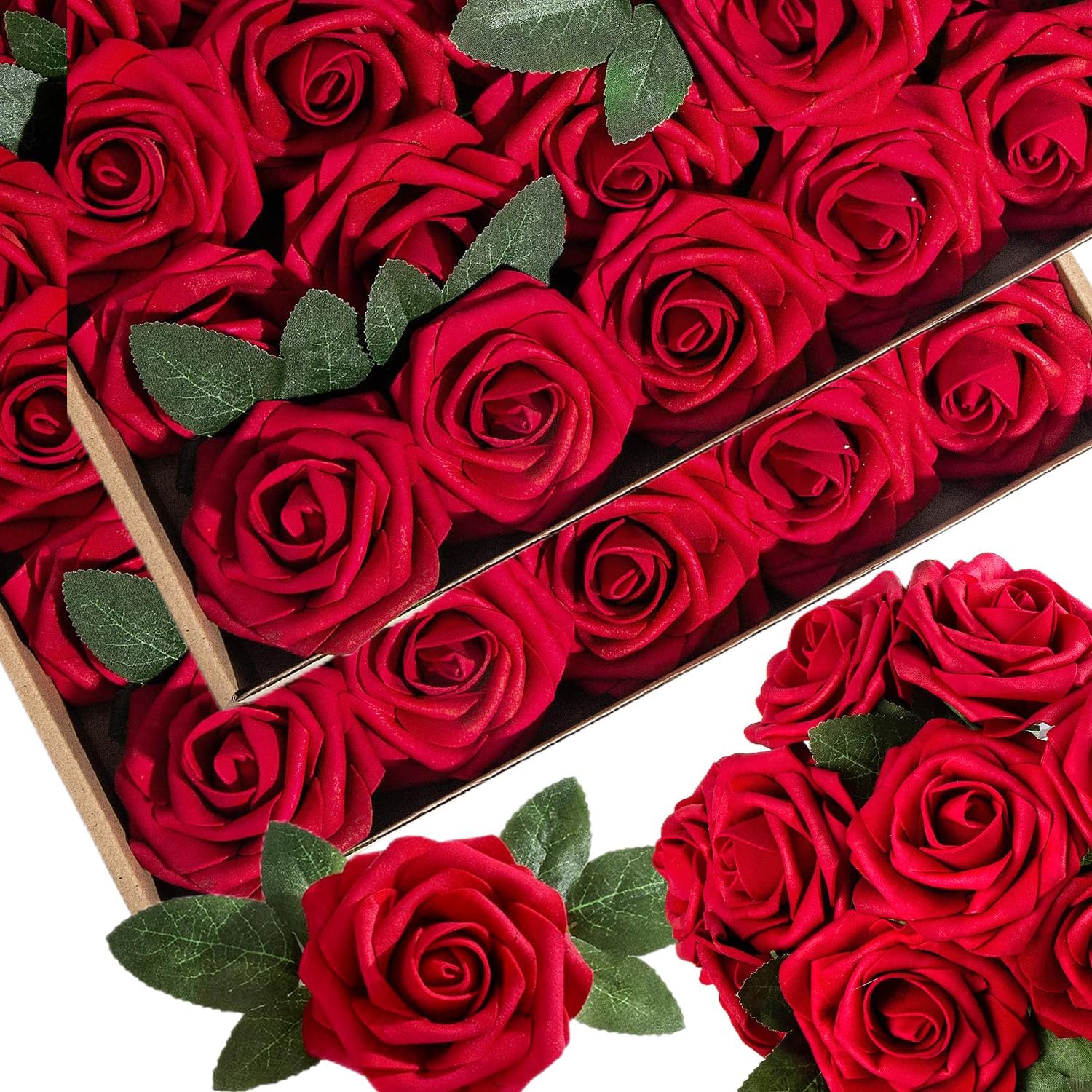 50pcs Red Artificial Flowers Foam Fake Rose with Stems 12 Leaves Multi Real Looking Faux Roses for Wedding Bouquets Bridal Shower Centerpieces Arrangements Party Decorations DIY Red 50