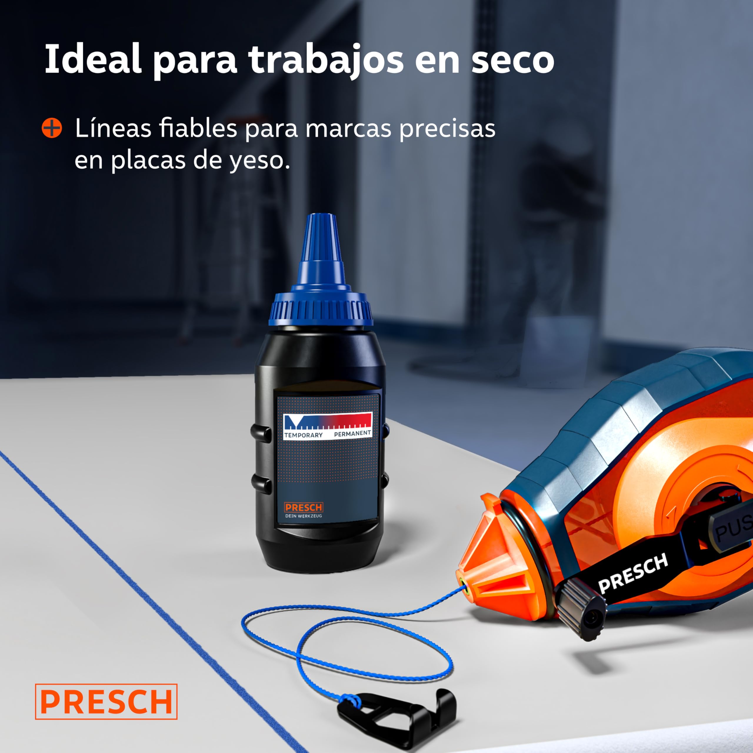 PRESCH Tiralineas de 30m incl. tiza azul (150g) - Rápida retracción gracias al engranaje 6:1 - Fácil de limpiar para marcas temporales - Cordón robusto para líneas precisas