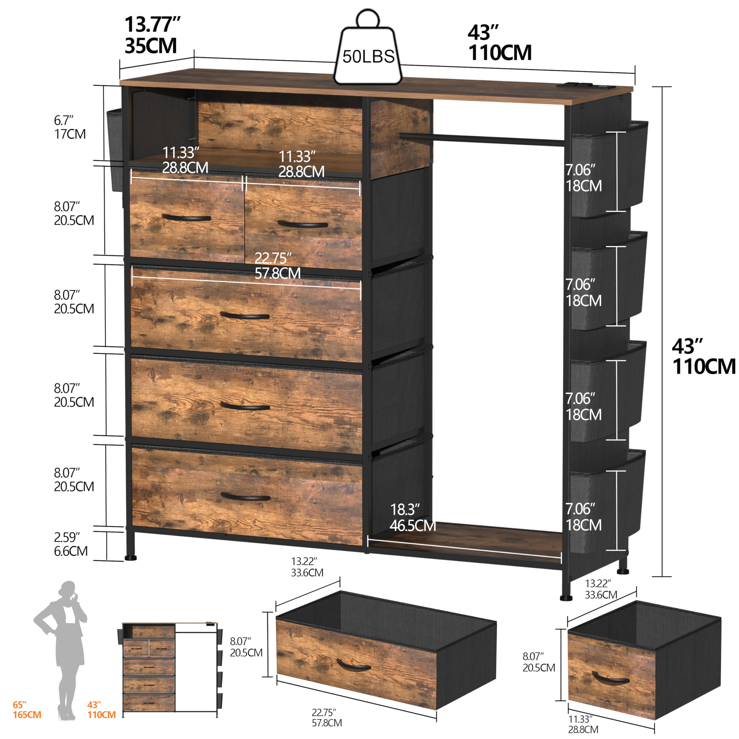 Cómoda para dormitorio con perchero, bolsillos laterales, cómoda de 5 cajones con estación de carga, luces LED, cómoda de almacenamiento negra para pasillo, armario, marco de acero 3