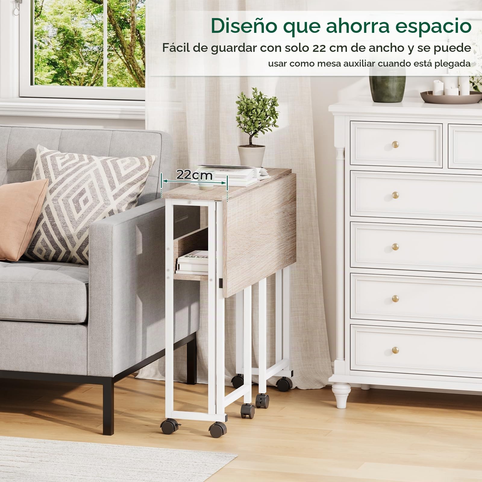 Dripex Escritorio Plegable Pequeño con Espacio de Almacenamiento y Ruedas, Ahorra Espacio, Mesa Plegable para Oficina en casa, Estudio, Color Madera, 80 x 50 x 75 cm