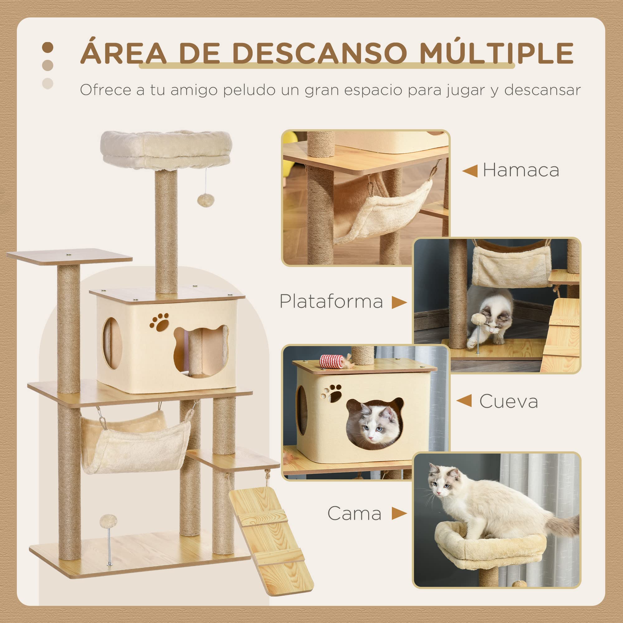 PawHut Árbol Rascador para Gatos 130 cm con 5 Plataformas, Hamaca, Beige | Árbol para Gatos, Escalera, Cueva, Postes de Yute, Bola Colgante