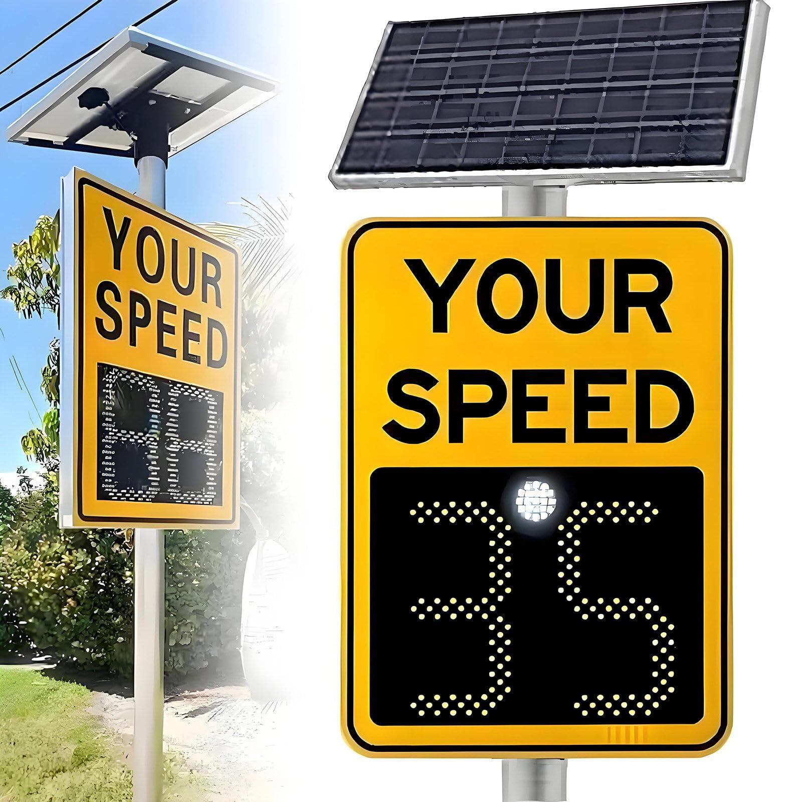 Señal de límite de velocidad de radar con energía solar, señal LED de retroalimentación con accesorios, pantalla de 20 x 27 pulgadas, medición de velocidad de 2 dígitos, tablero de advertencia