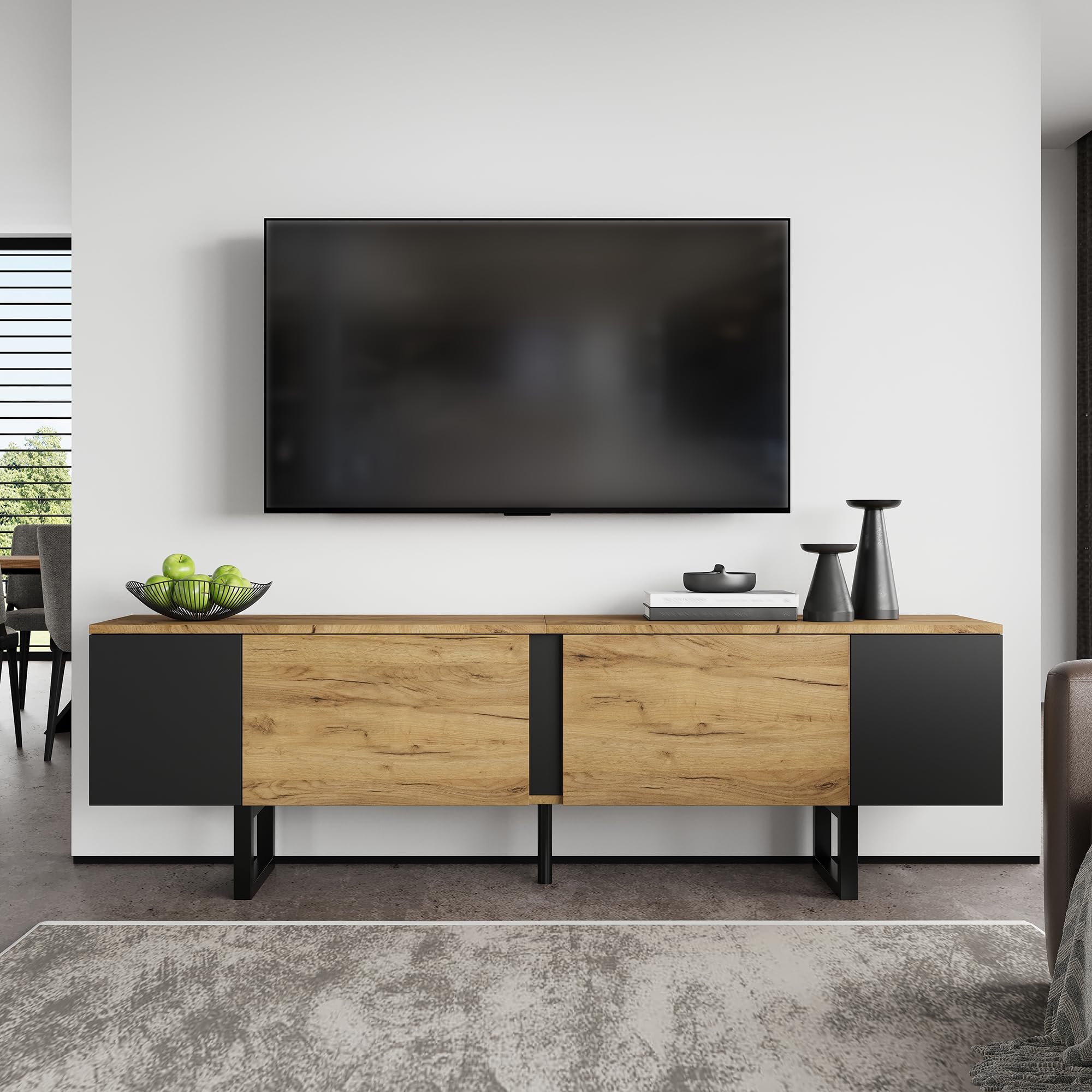 FammyLoft TV Unit for 75 Inch TV, Modern Wooden TV Stand with Storage, TV Cabinet with Doors and Open Shelves, Media Console for Living Room, Wood and Black