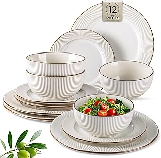 GBHOME Ceramic Dinnerware Sets,12 pcs Embossed Elegant Stoneware Plates ...
