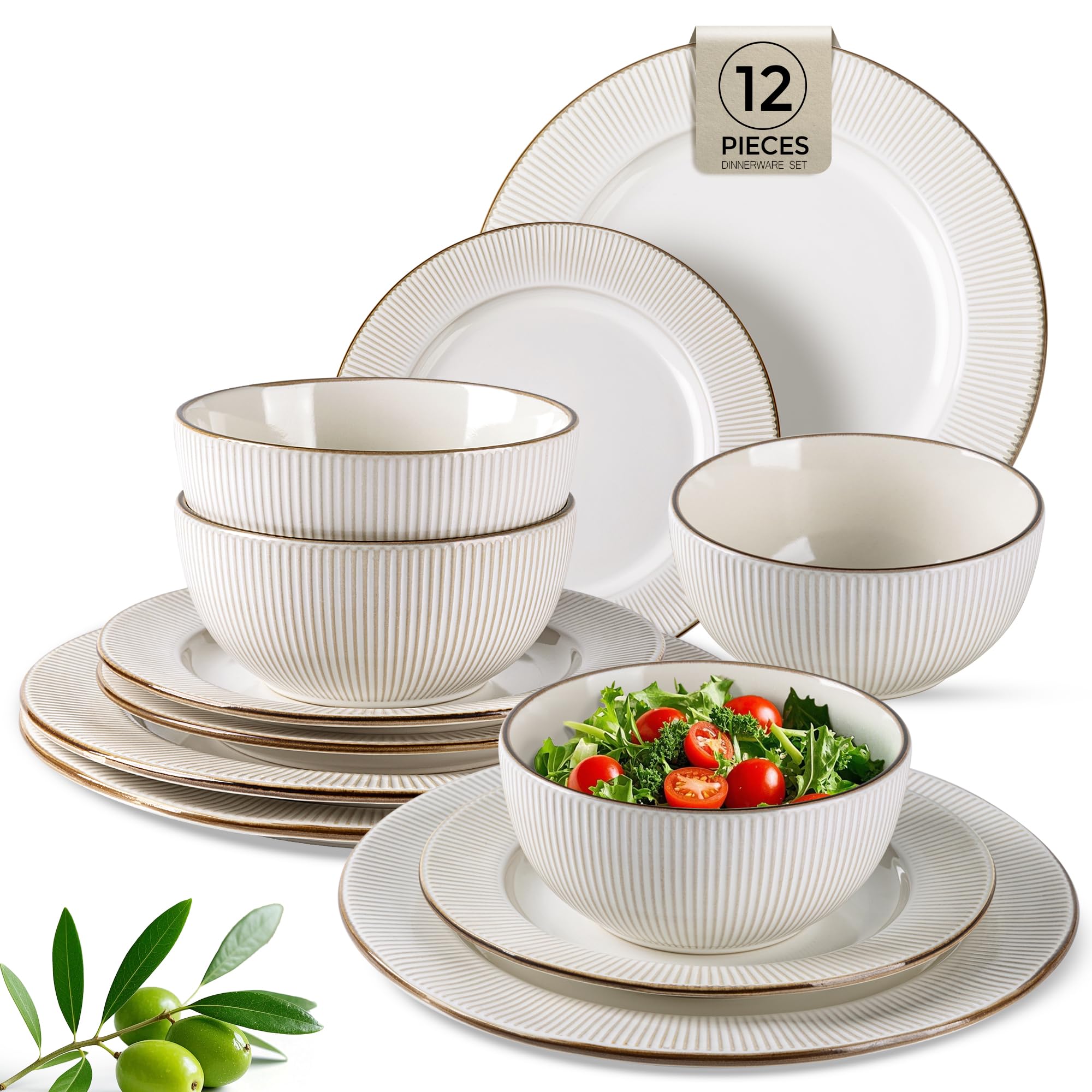 GBHOME Ceramic Dinnerware Sets,12 pcs Embossed Elegant Stoneware Plates and Bowls Sets, Housewarming Wedding Gift | Dishwasher &amp; Microwave Safe | Dishes Set Service for 4