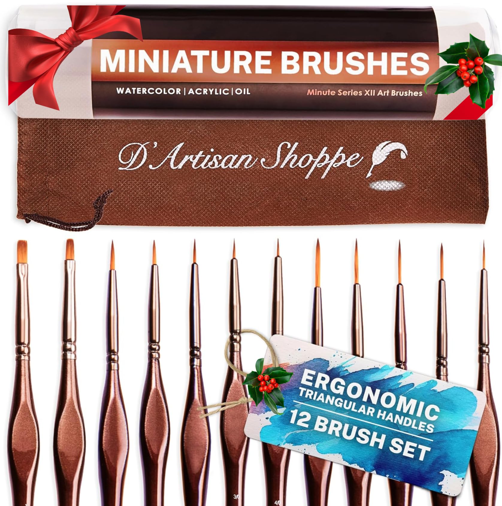 Miniature Paint Brushes Set 12pc by D’Artisan Shoppe, Fine Tip Detail Brush Set for Miniatures and Models, Paint by Numbers, Acrylic Watercolor Gouache Oil, Ergonomic Handles, Storage Case