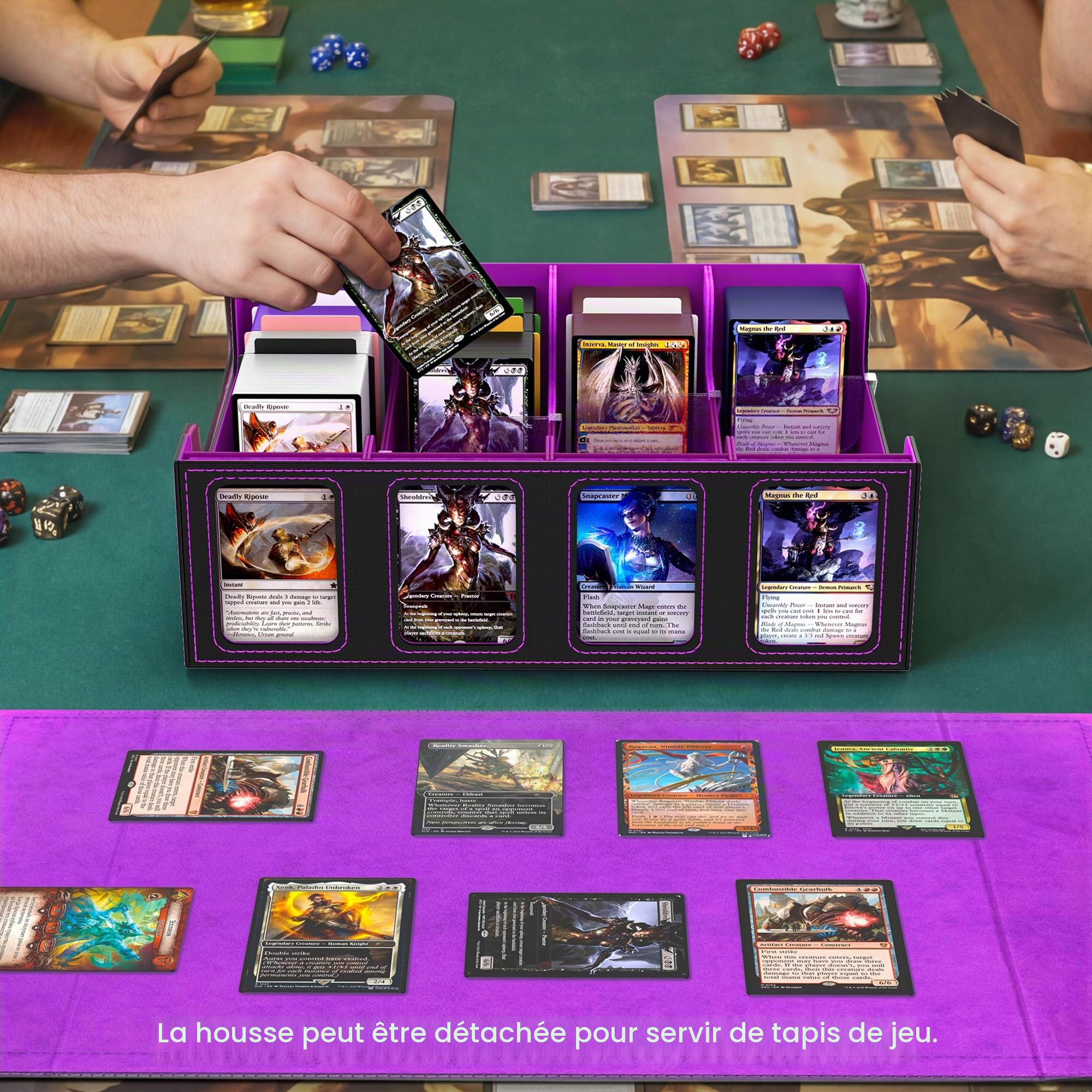 Boîte de rangement pour cartes à collectionner, Commander Deck Box pour plus de 2400 cartes MTG, étui pour cartes de sport TCG et PTCG avec étui amovible, 4 butées et 12 séparateurs (violet)