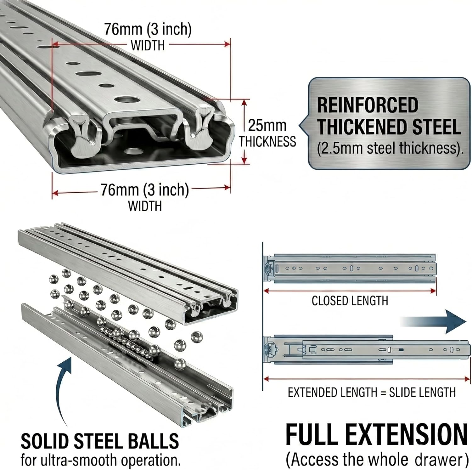 76mm heavy duty drawer slides, 500lb capacity full extension ball bearing industrial drawer slides 3 section drawer tracks (22 inch) w 76 mm : 500 lb 22 inch