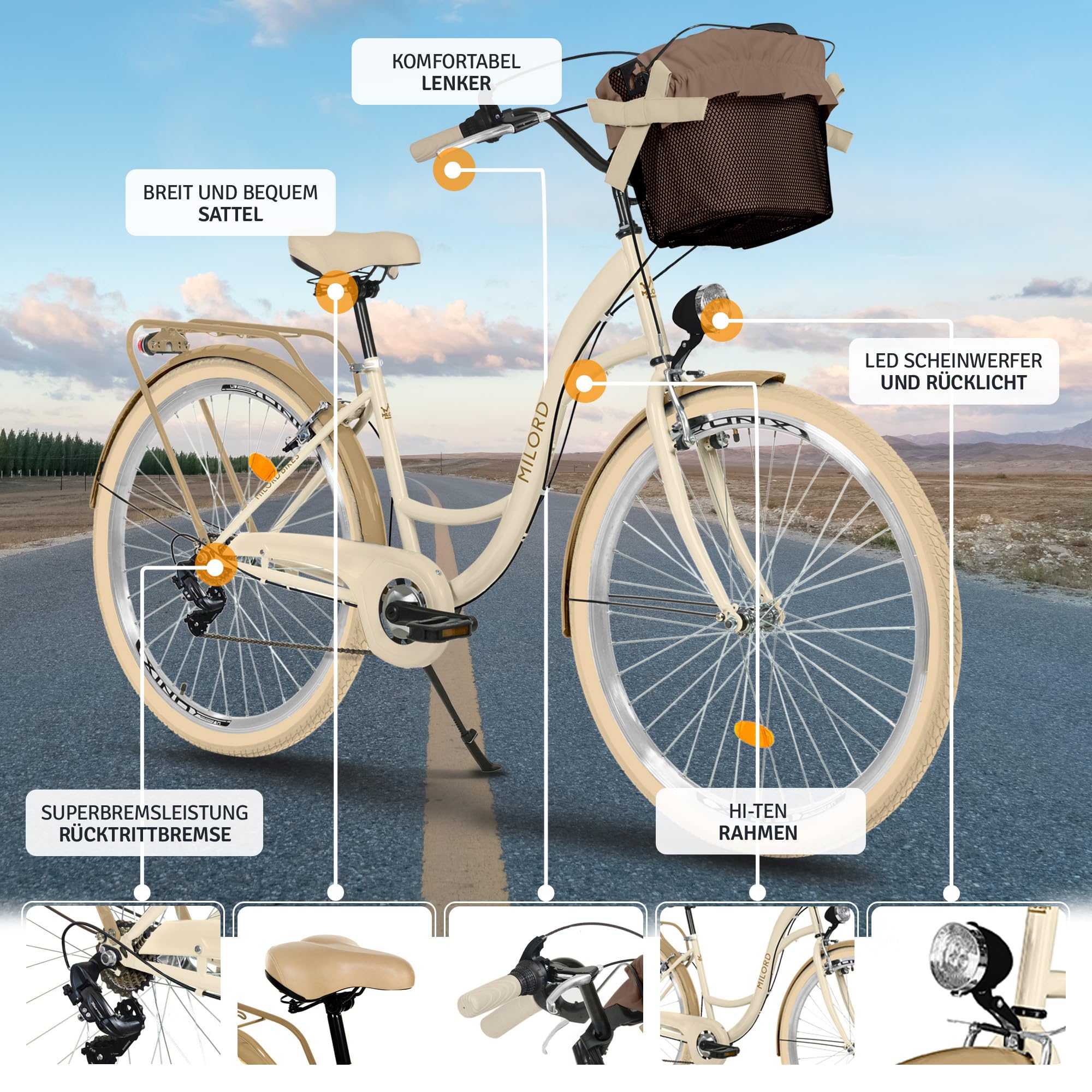 Komfort Fahrrad Citybike Mit Korb Damenfahrrad Hollandrad, 28 Zoll, Creme-Braun, 7-Gang Sport & Freizeit