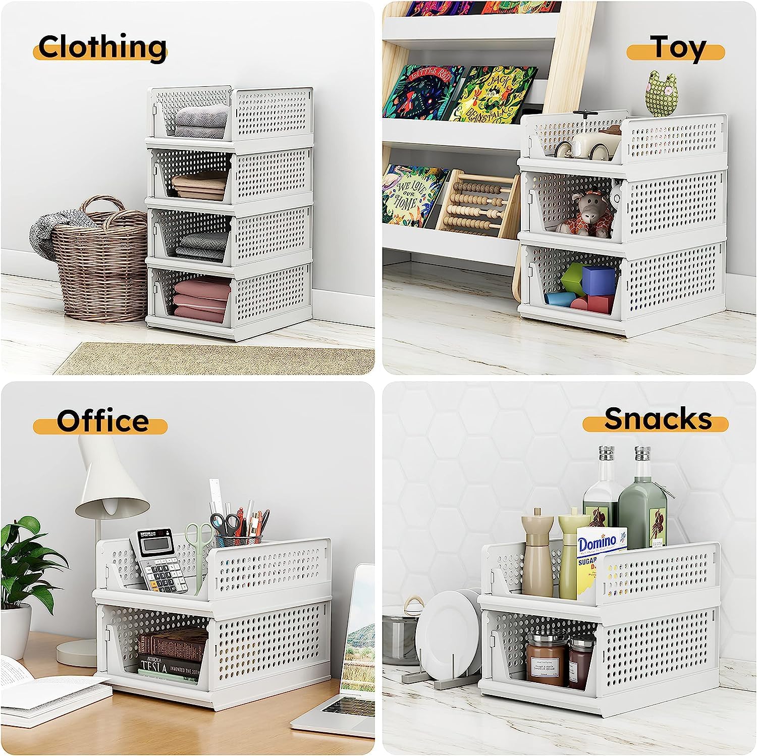 Yidaxing Organizer Armadio Cassettiere, Set di 4 Organizer Pieghevole Impilabili in Plastica per Armadio per Vestiti, Camera da letto, Casa, Cucina, Bagno, Bianco (43 x 33 x 72cm)