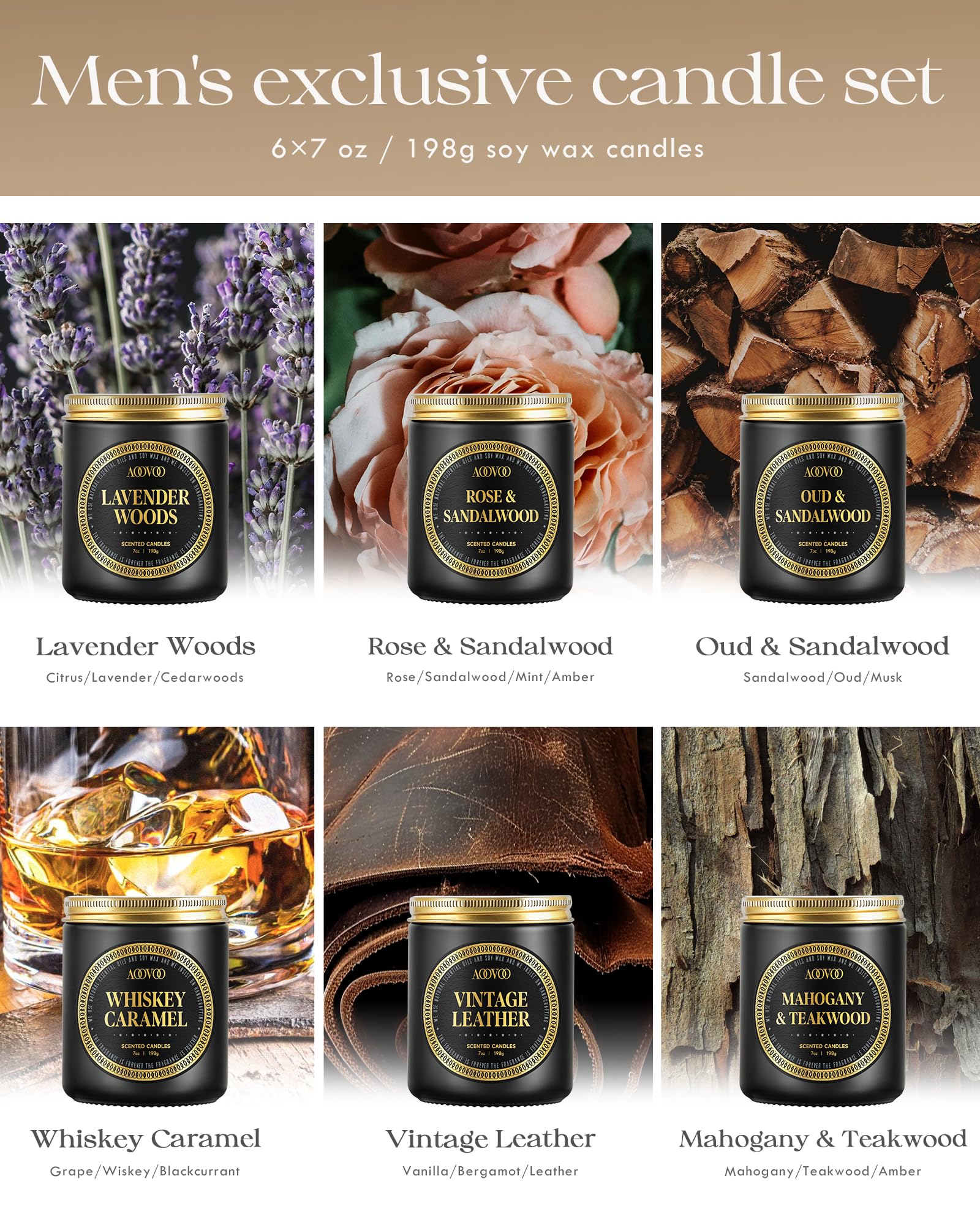 AOOVOO Conjunto de regalo de velas perfumadas - 6 paquetes de hombres velas para el hogar perfumado, vela de soja para los hombres, 42 oz 300 horas de larga duración vela conjunto