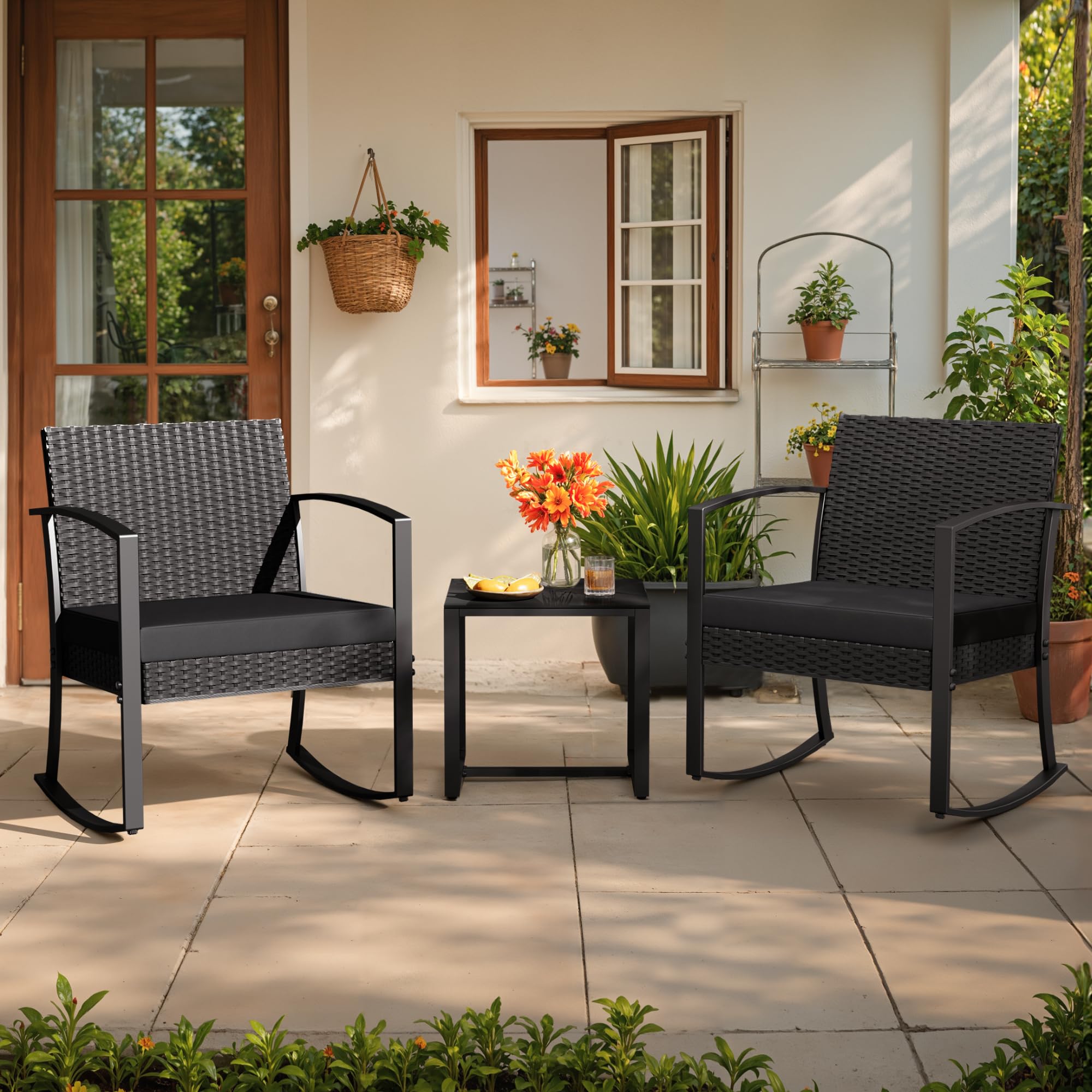 Juego de muebles de exterior de 3 piezas para patio, bistró, mecedoras con mesa de centro de cristal para piscina, playa, patio, balcón, porche, terraza, jardín, color negro 6