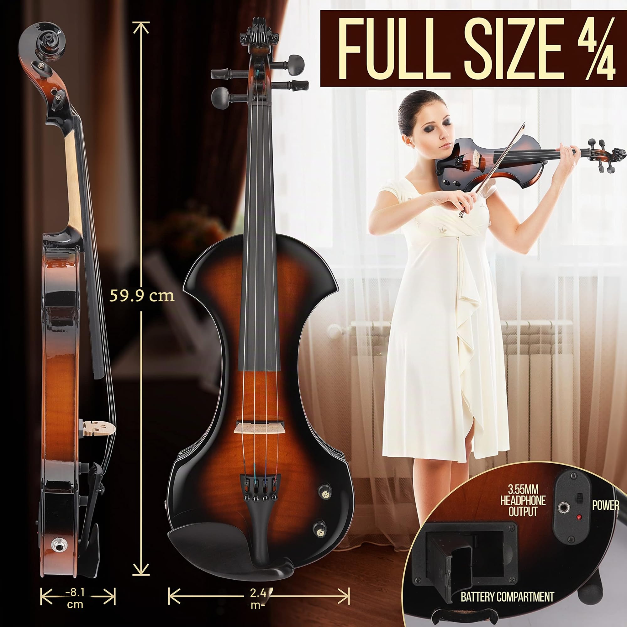Pyle E Geige Elektrische Violine 4/4 Set mit Verstärker aus Massivem Holz – Vollgröße Stille Violine mit Koffer, Zubehör & Kopfhörer