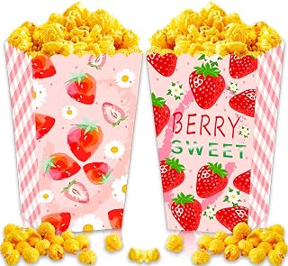 JeVenis 12 PCS Strawberry Party Favor Popcorn Boxes Summer Strawberry Boxes Goodies Boxes Treat Box for Berry One Strawberry Birthday Baby Shower Decor Supplies