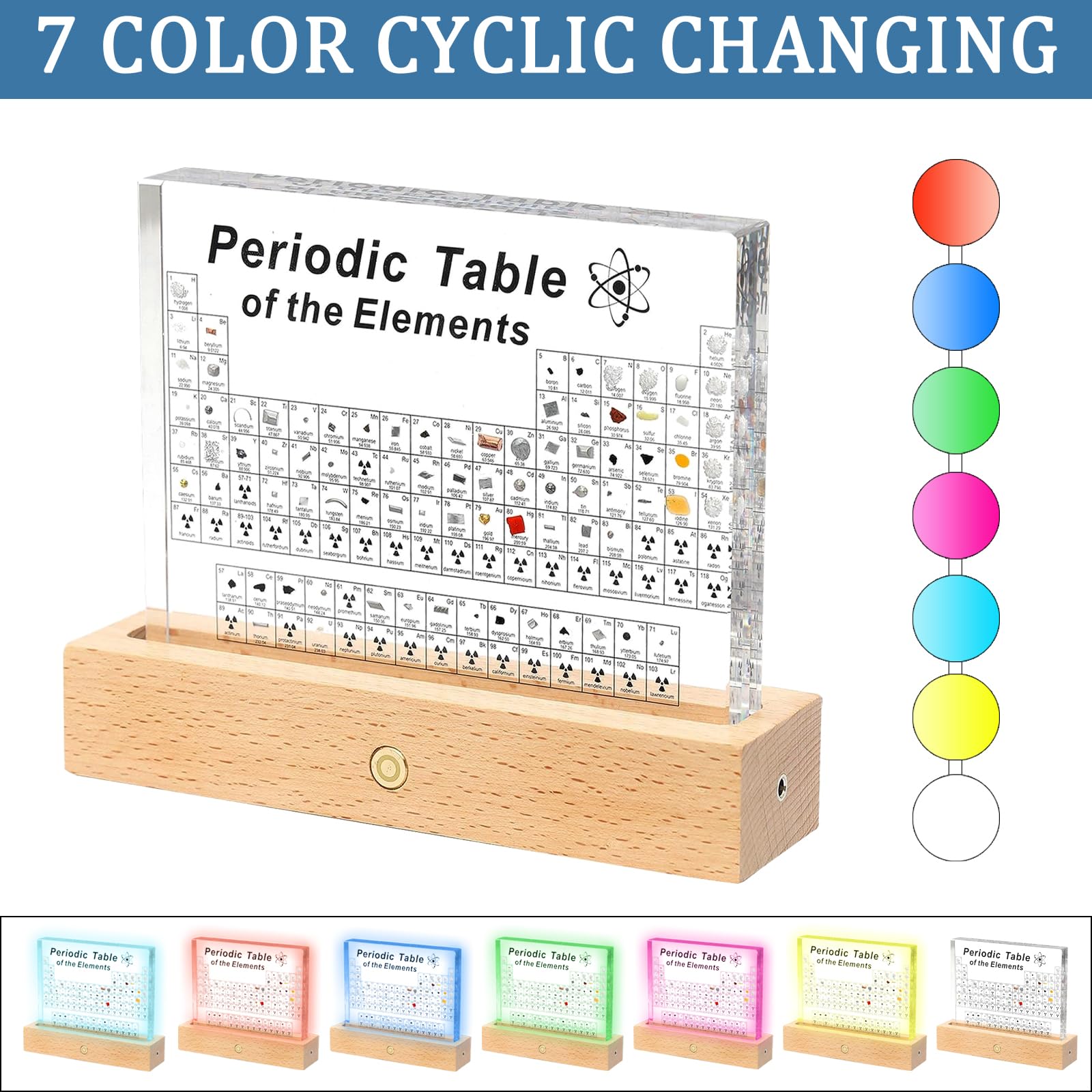 Tabla Periodica Elementos Reales, Tabla Periódico ​de Acrílico de LED Lámpara Mesa Muestras de Elementos Reales para Maestros Estudiante Niño para Enseñanza Exhibición Elementos Químicos