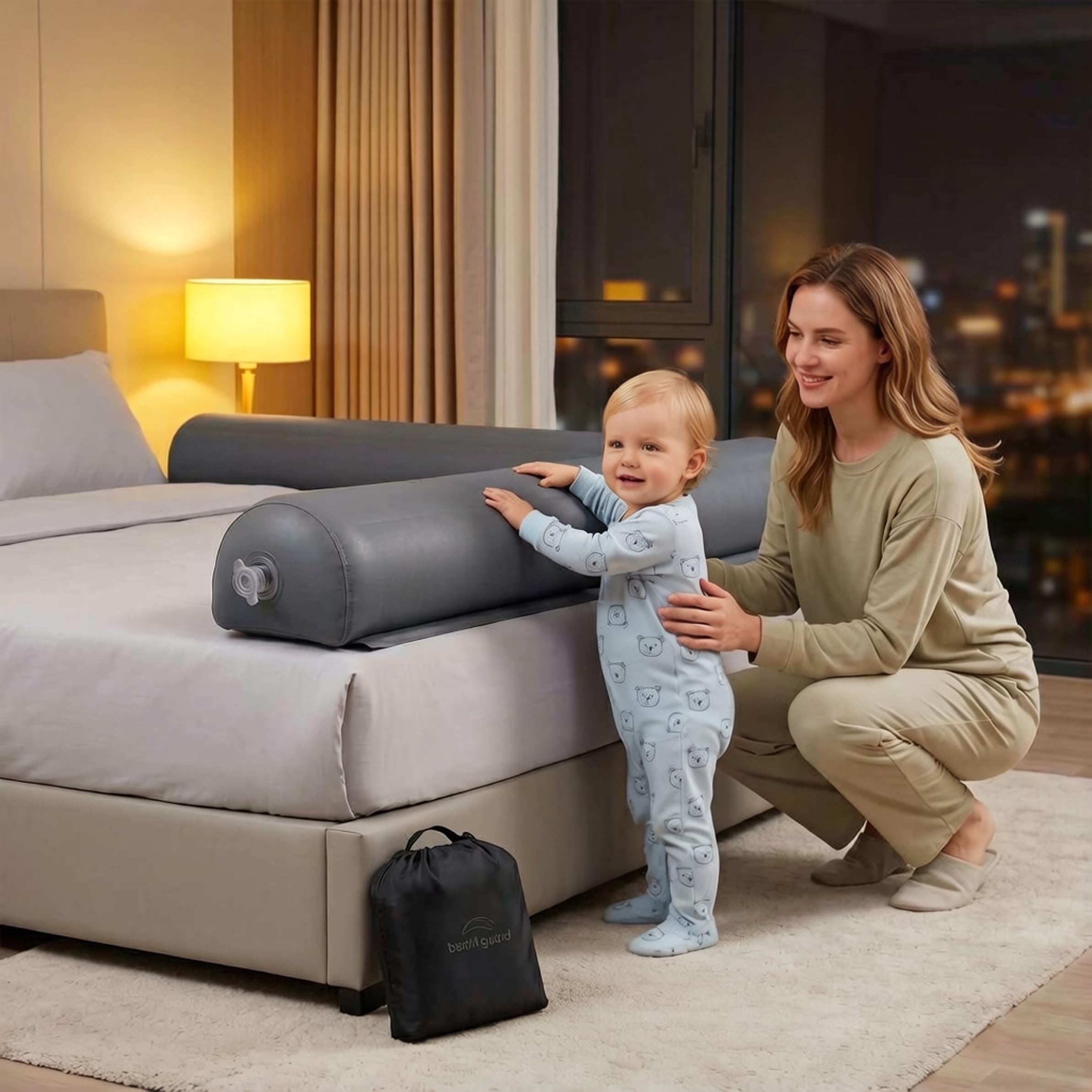 2 uds., rieles de Cama inflables, Parachoques portátiles para Cama de niño pequeño para Viaje, Parachoques de Cuna fácil de Instalar para Viaje de Vacaciones, Gris