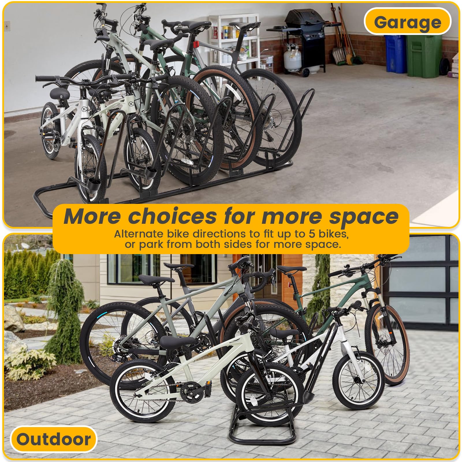 Floor Bike Rack for 5 Bikes, Safeguard Disc Brakes & Derailleurs Design, Waterproof Bicycle Stand Indoor/Outdoor/Garage Use, Fits 12"-29" Tires, Upgraded 0.63" Steel Tubes for Stability