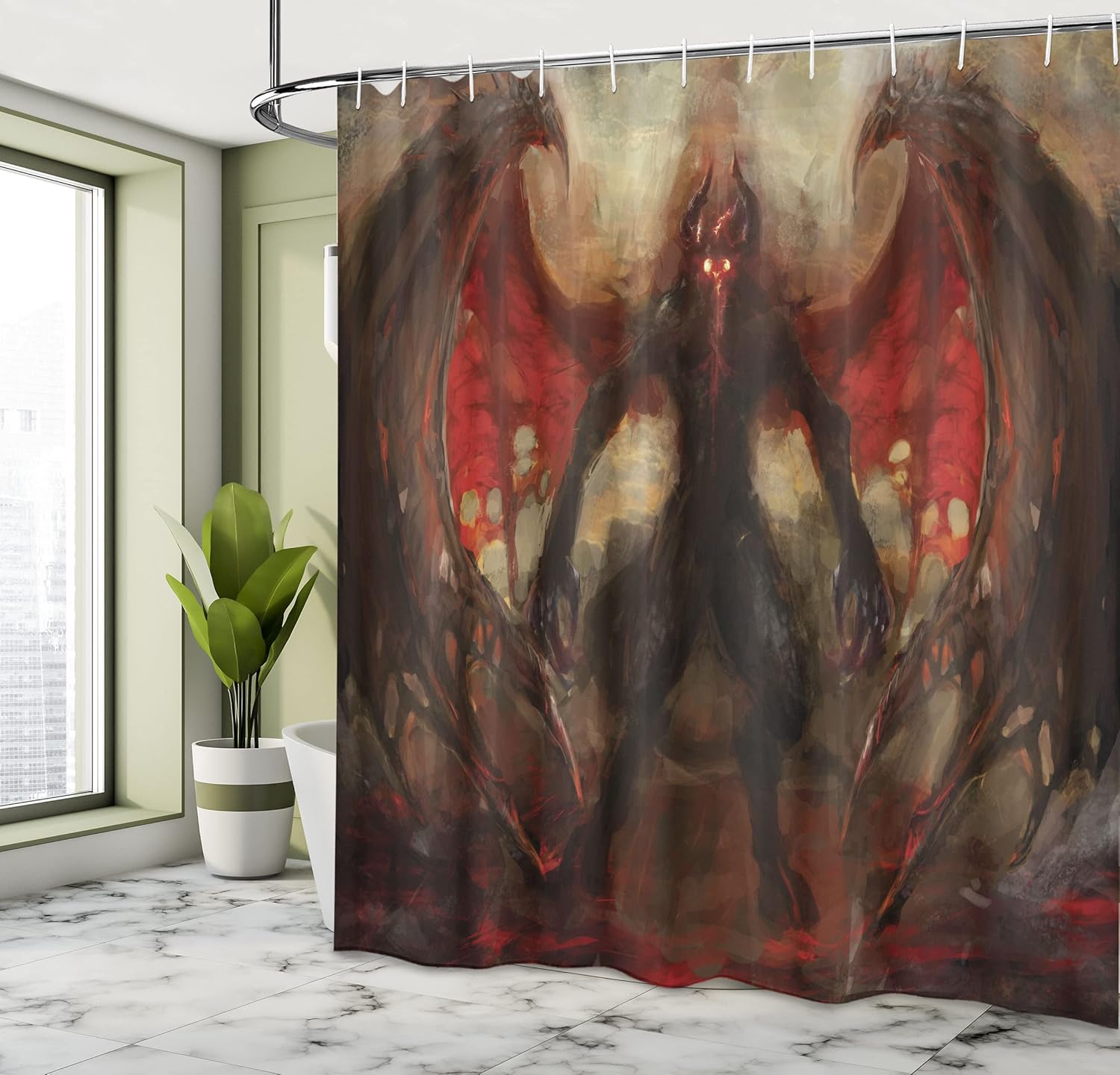 Ambesonne Fantasy World Shower Curtain, Devil Shadow with Wings Primary Opponent of Rising Hell Afterlife Image, Cloth Fabric Bathroom Decor Set with Hooks, 69" W x 75" L, Red Grey