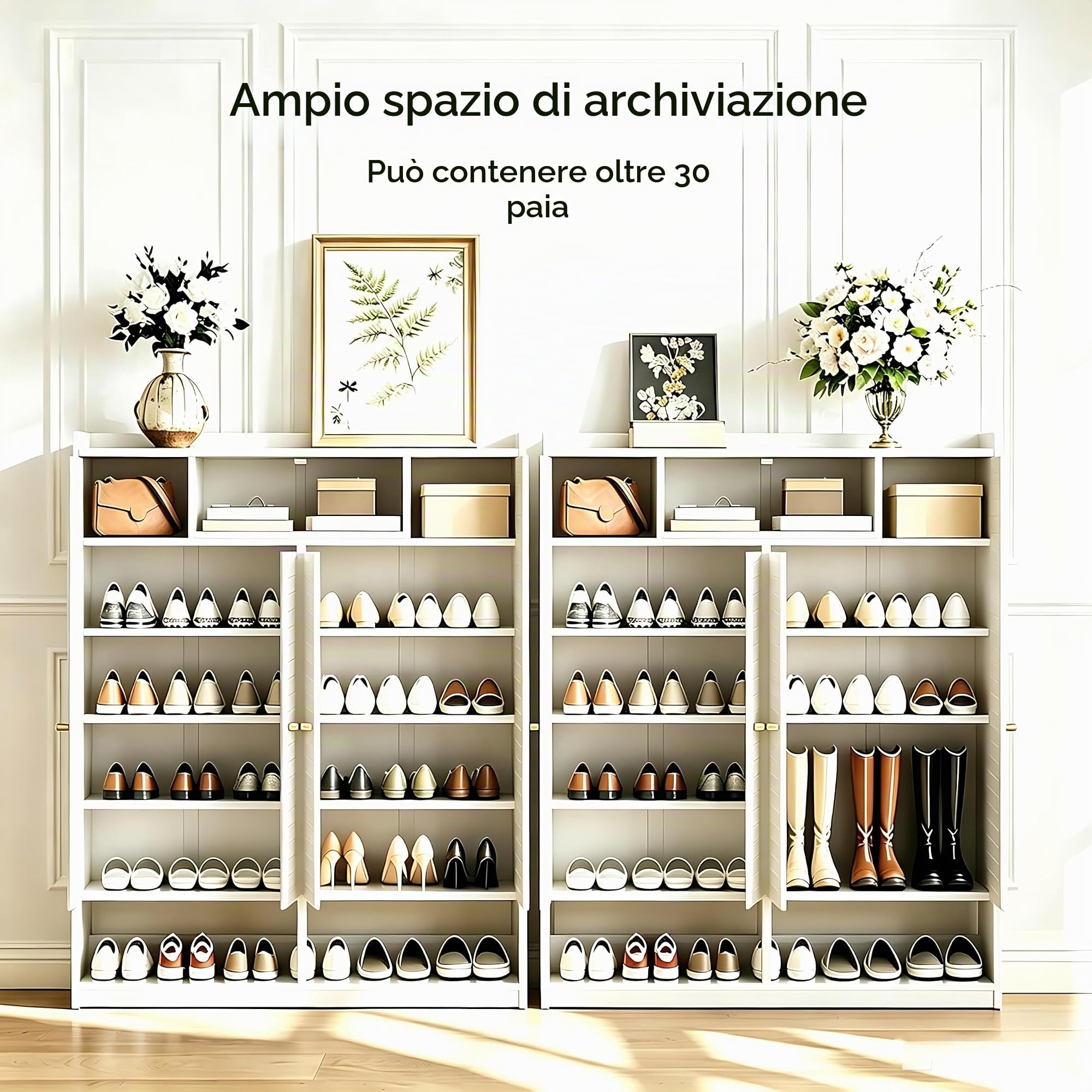 Armadio Verticale Porta Scarpe in Bambù, 1 Cassetto e 4 ante Persianate, Mobile Ingresso Per Corridoio e Guardaroba.