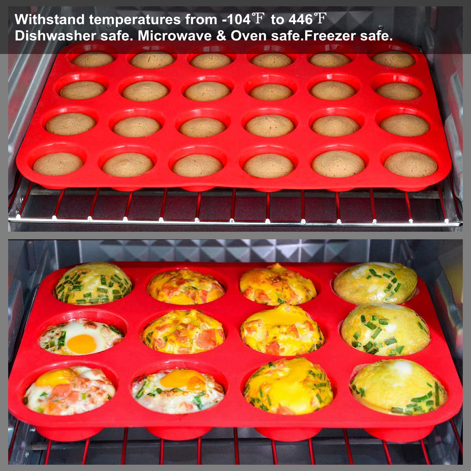 Silikon Muffinform Set,Regular 12 Tassen und Mini 24 Tassen Cupcake Backform, antihaftbeschichtet, hitzebeständig, Lebensmittelqualität Silikon Backformen mit Bonus 1 Silikonspatel & 1 Ölpinsel (rot)
