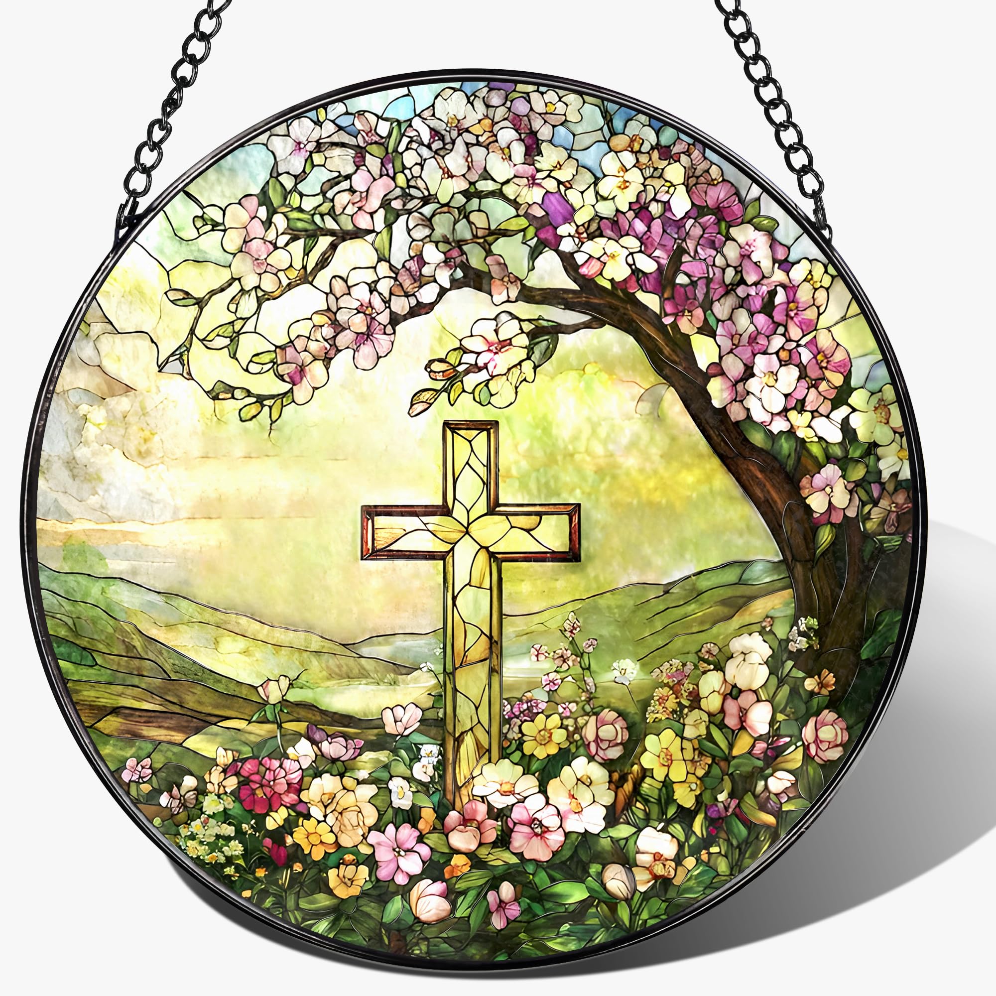 LAOWEIKI 8'' Christian Cross Ornament, Stained Glass Window Hanging, Sun Catcher Window Decor, Christian Faith Home Decor, Gifts for Christmas, Cross Gifts for Religious