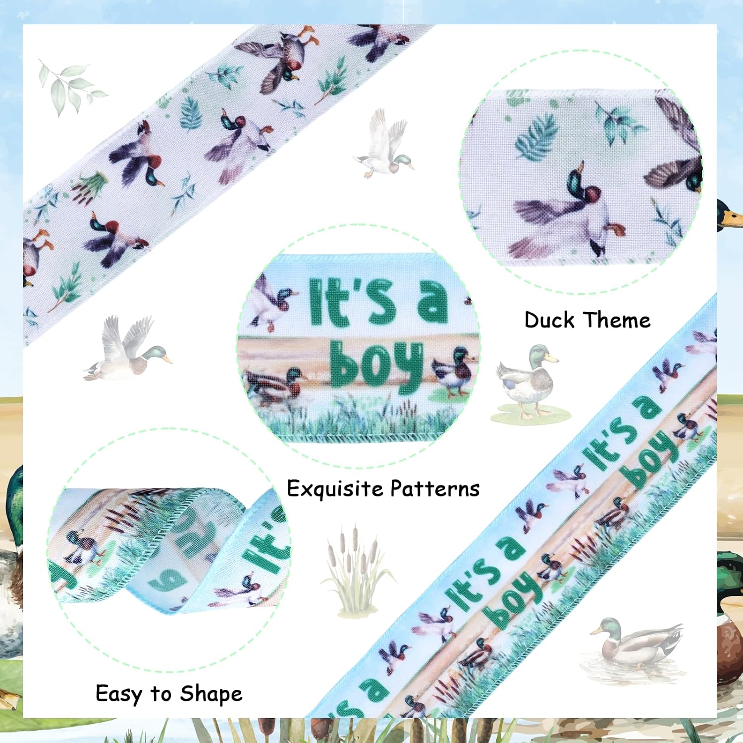 Mallard Duck Baby Shower Decor Duck Wired Edge Ribbons for Wrapping Gifts 2 Roll 10 Yard Hunting Rubber Duck Ribbon for It's A Boy Birthday Baby Shower Party Supply DIY Craft Wreath Bow image 5