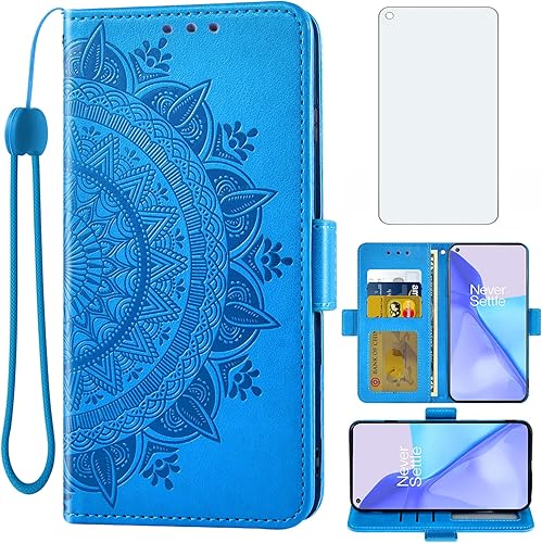 Asuwish Funda tipo cartera compatible con OnePlus 9 OnePlus9 5G, protector de pantalla de vidrio templado, tarjetero con correa de muñeca abatible,