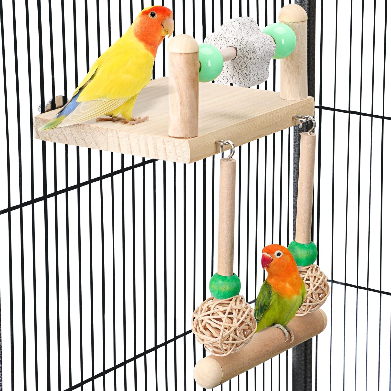Bird Perches Play Gym Exercise Stand, Natural Wooden Platform and Swing Toy Set for Parakeet, Cockatiel, Conure, Budgies, and Small Pet Birds (178 chars)