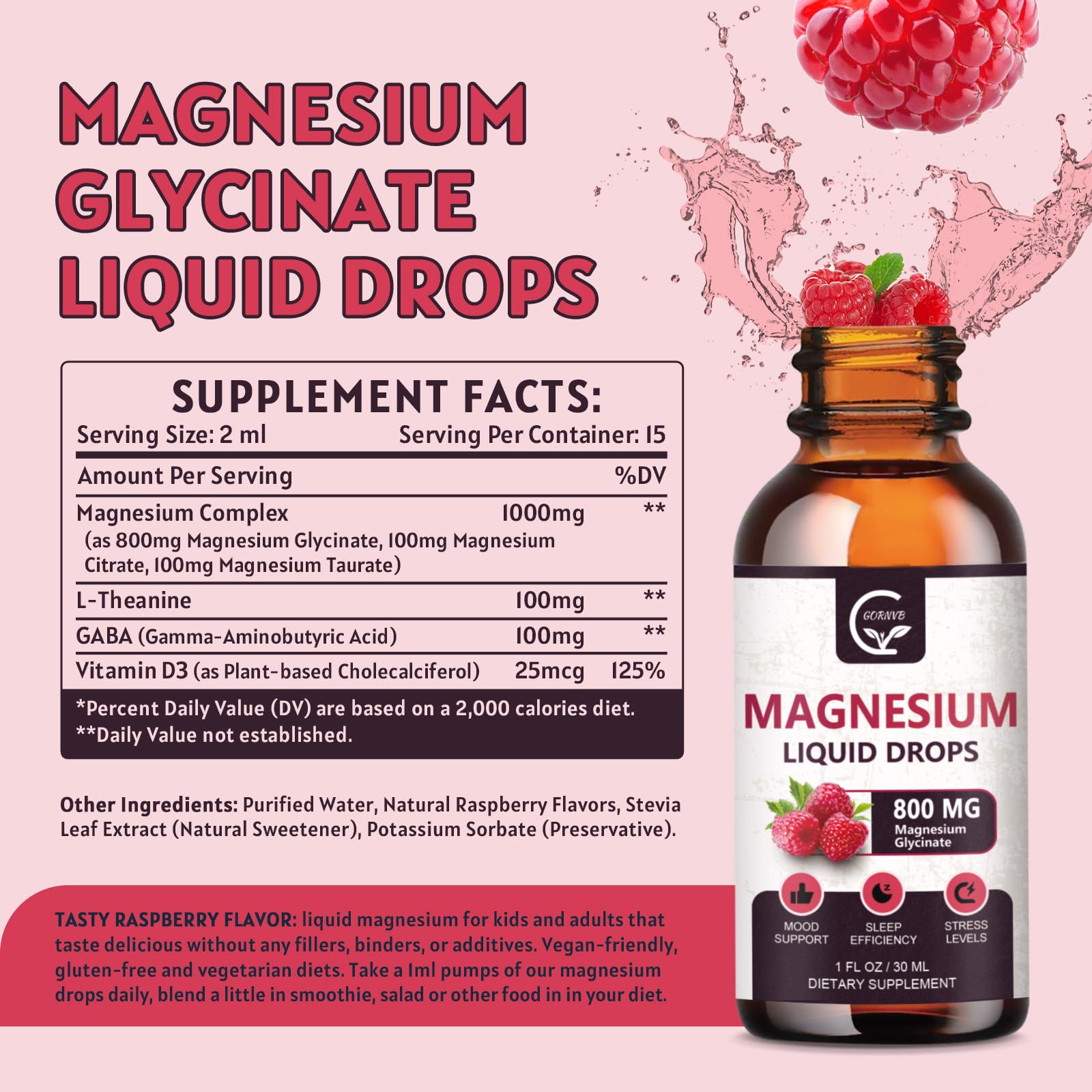 (2 Pack) Magnesium Glycinate Liquid Drops | 1000mg Liquid Magnesium Complex with D3, L-Thea & GABA for Energy, Sleep, Nerve and Heart Health, High Absorption, Raspberry Flavor — Amazon image 2