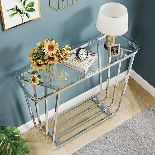 Miniatura 3 de OIOG Mesa consola de cristal para entrada, mesa de entrada moderna con vidrio templado y marco cromado, mesa de sofá plateada para sala de estar y