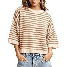 Springrain Women Striped Knit Sweater Crew Neck Tops Pullover | Drop Shoulder 3/4 Sleeve Lightweight Knit Top, Ideal for Spring, Summer and Fall