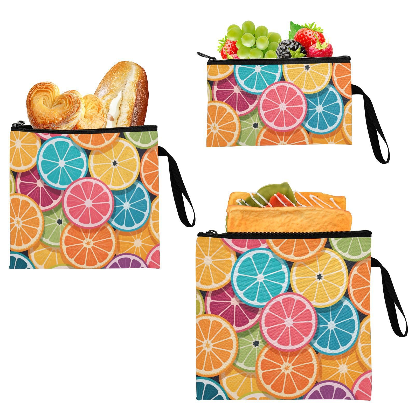 Colorful Cartoon Orange Fruits 3 Pcs Reusable Zipper Snack Bags Portable Food-Safe Storage Zipper Bag for Candy, fruits, Cereal, Home Organization
