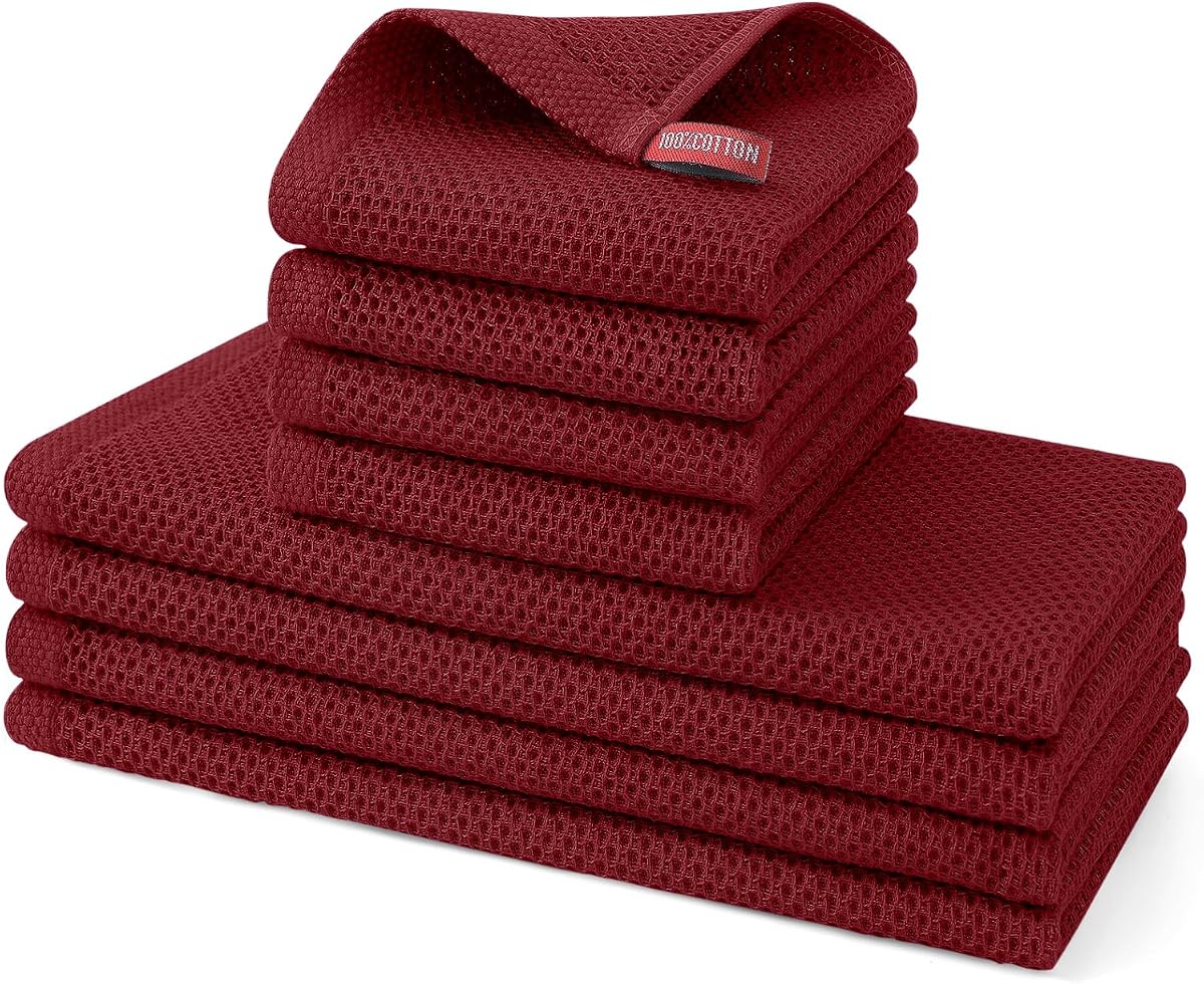 Kitinjoy 100% Cotton Kitchen Towels and Dishcloths Set, 8 Pack- Burgundy | 13" x 28" and 12" x 12" Waffle Weave Dish Towels, Ultra Soft Absorbent Quick Drying Dish Rags