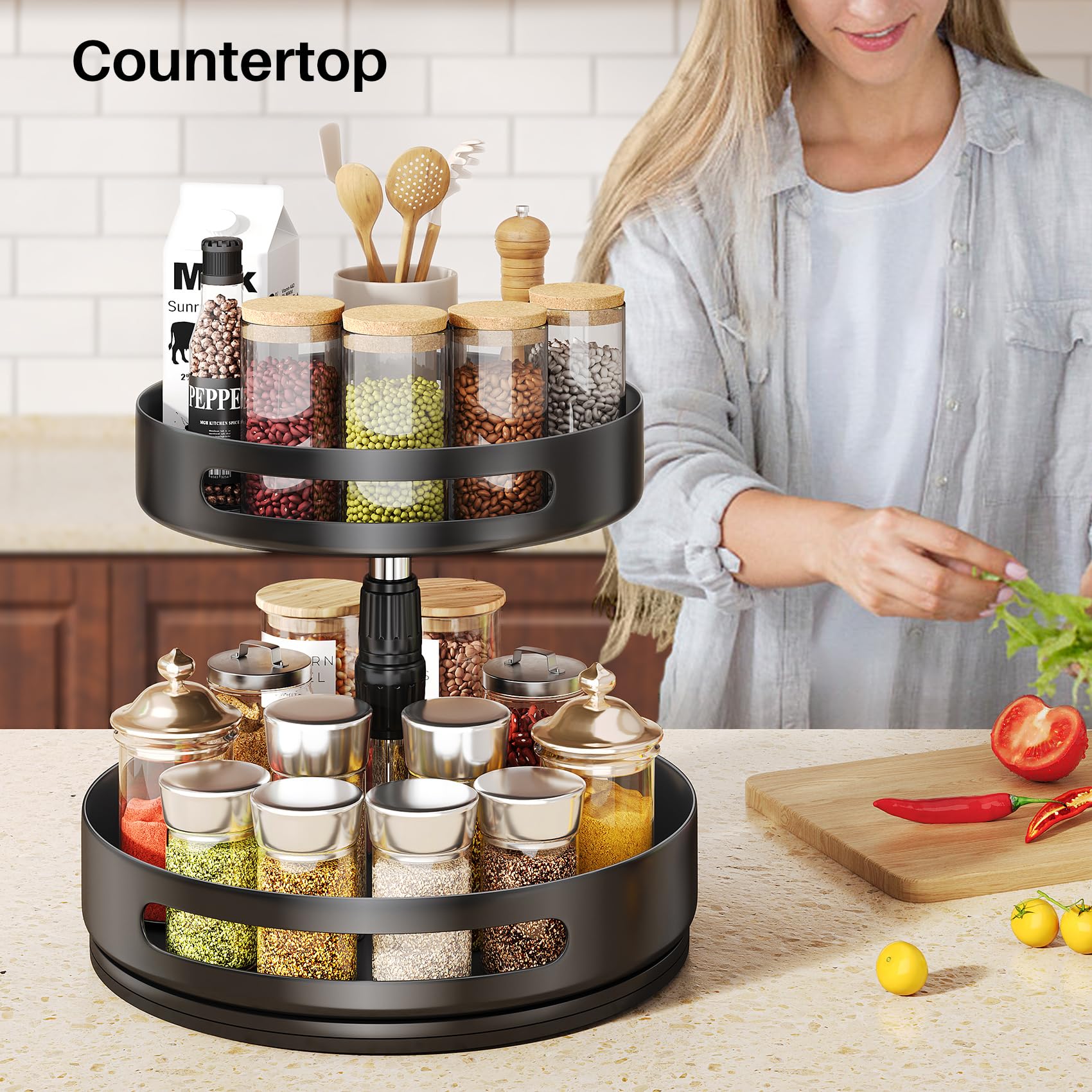 Lazy Susan Gewürzregal, 2 Etagen, drehbarer Metall-Drehteller, höhenverstellbar, Gewürzregale für Theke, Speisekammer, Schrank, 25,4 cm, Schwarz | Höhenverstellbar, um 360 Grad drehbar, Gewürz-Drehteller für Tischplatte, Küche, Speisekammer