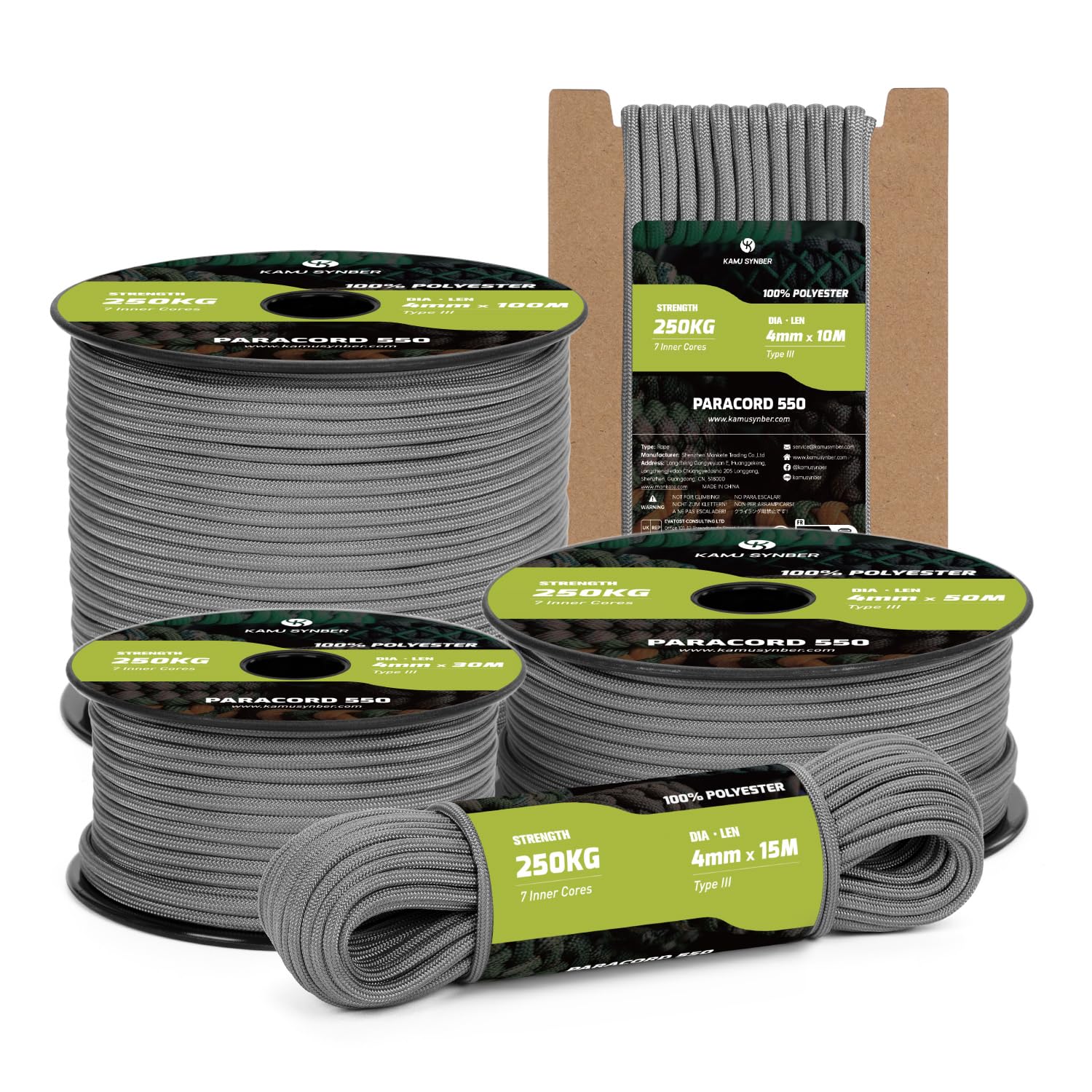 Kamu Synber Grey Paracord 550 Type Iii 4Mm 15M 7 Strands 100% Polyester Rope Parachute Cord Ideal For Crafting, Outdoor, Survival | Support 250Kg |