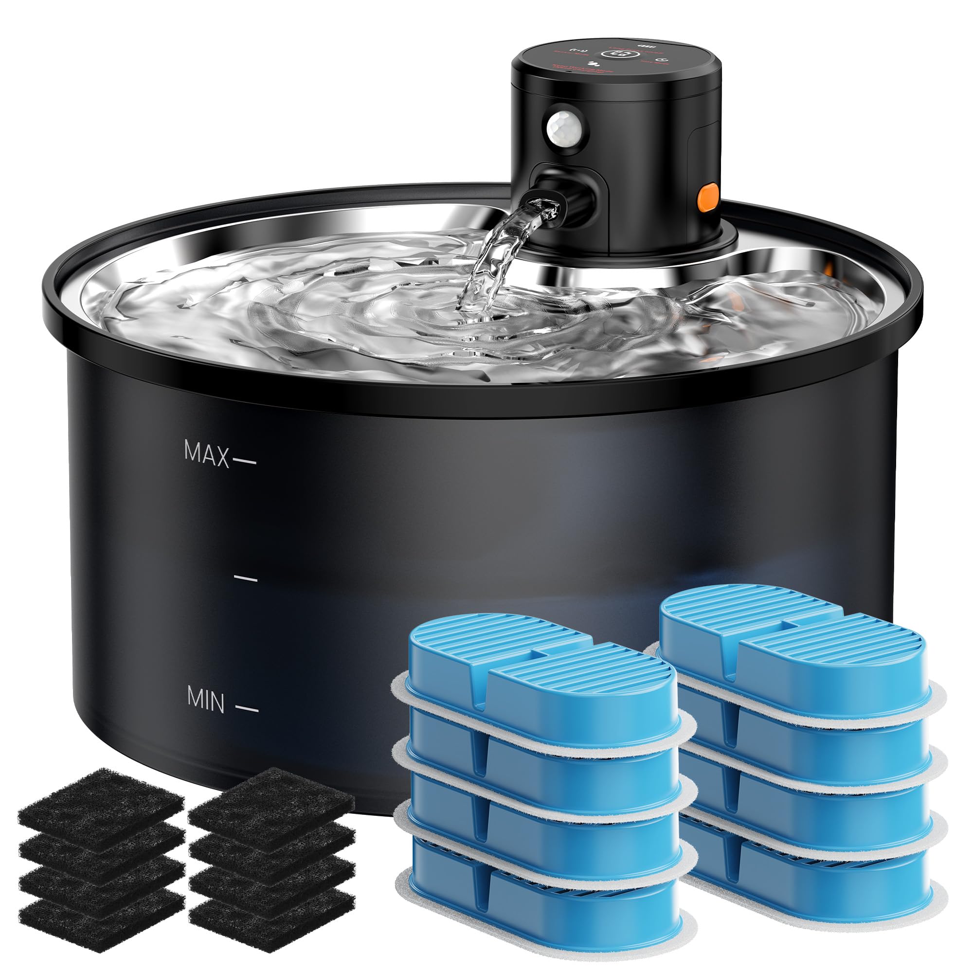 Fontana per Gatti Senza Fili di VKIMISS - Fontana d'Acqua per Gatti con 8 Filtri a Carbone + 8 Spugne - Sensore di Movimento - 3,2 L in Acciaio Inox