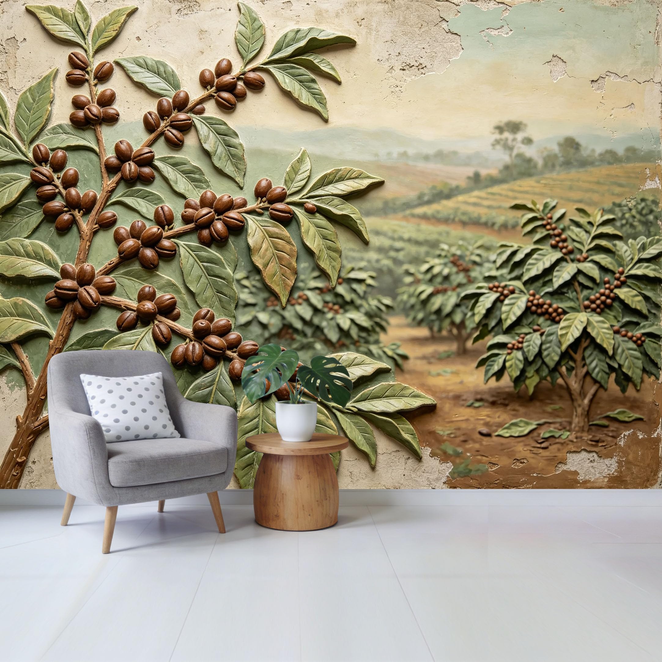 Qzlithotic Yq2605250643 Custom Size Wall Mural 3D Coffee Bean Plantation Landscape Botanical Textured Art Selfadhesive Wall Fabric Removable Wallpaper For Home Office Decor