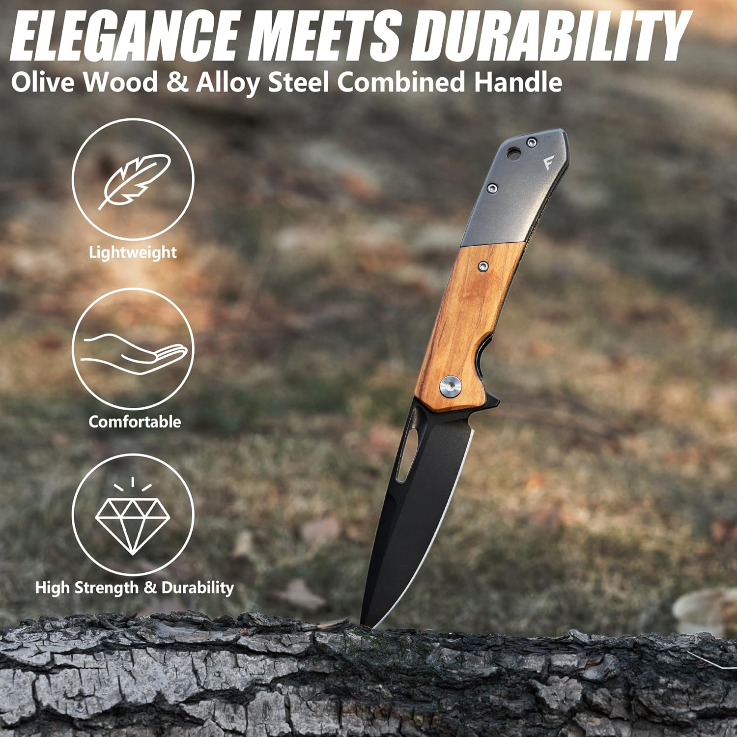 FLISSA Folding Pocket Knife, SANDVIK 14C28N Steel Blade Knife with Olive Wood-Steel Handle, Pocket Clip and Thumb Hole for EDC Camping Hiking Outdoor